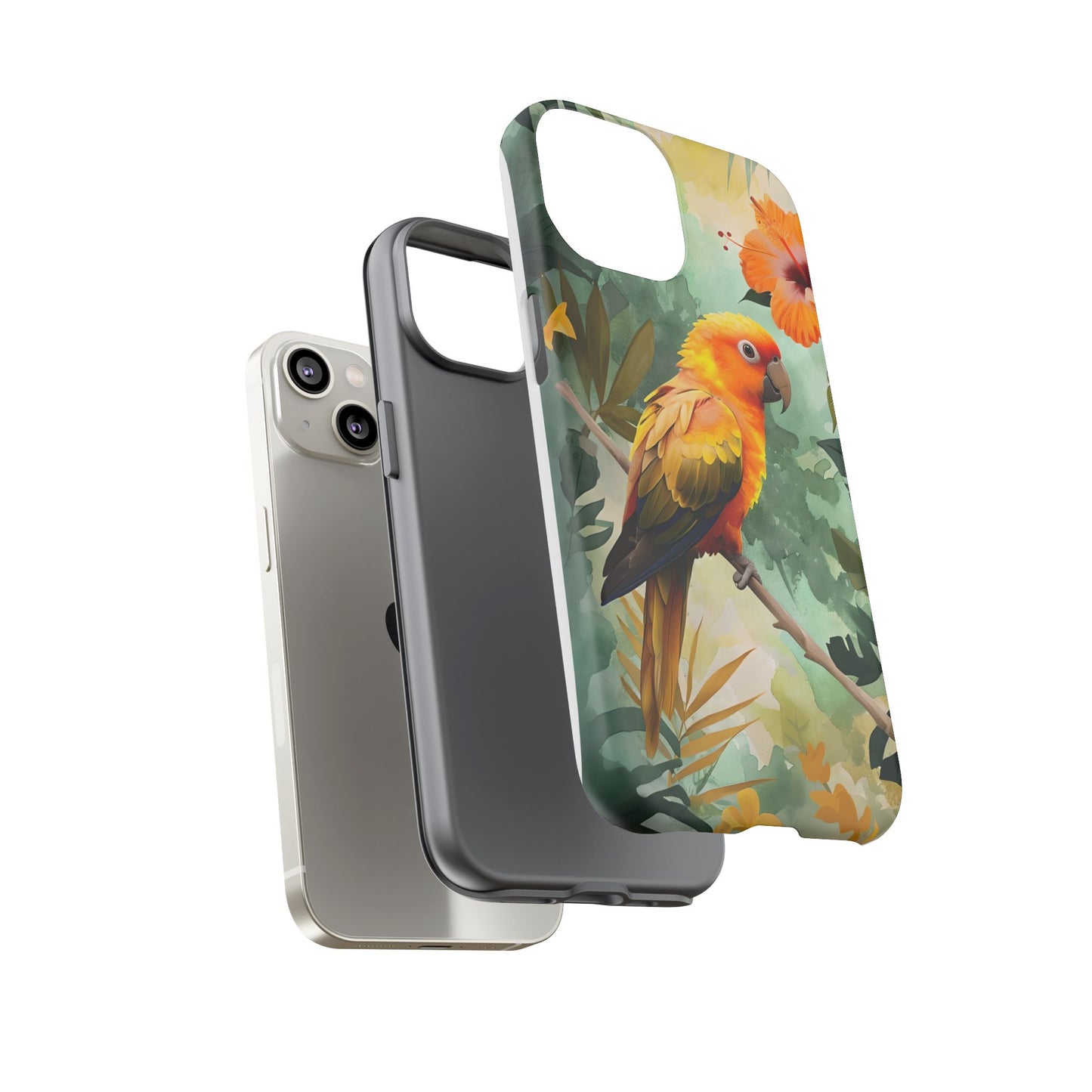 Tough Cases - Sun Conure Tropical Parrot Phone Case, Vibrant Floral Design, Durable Protection for Nature Lovers