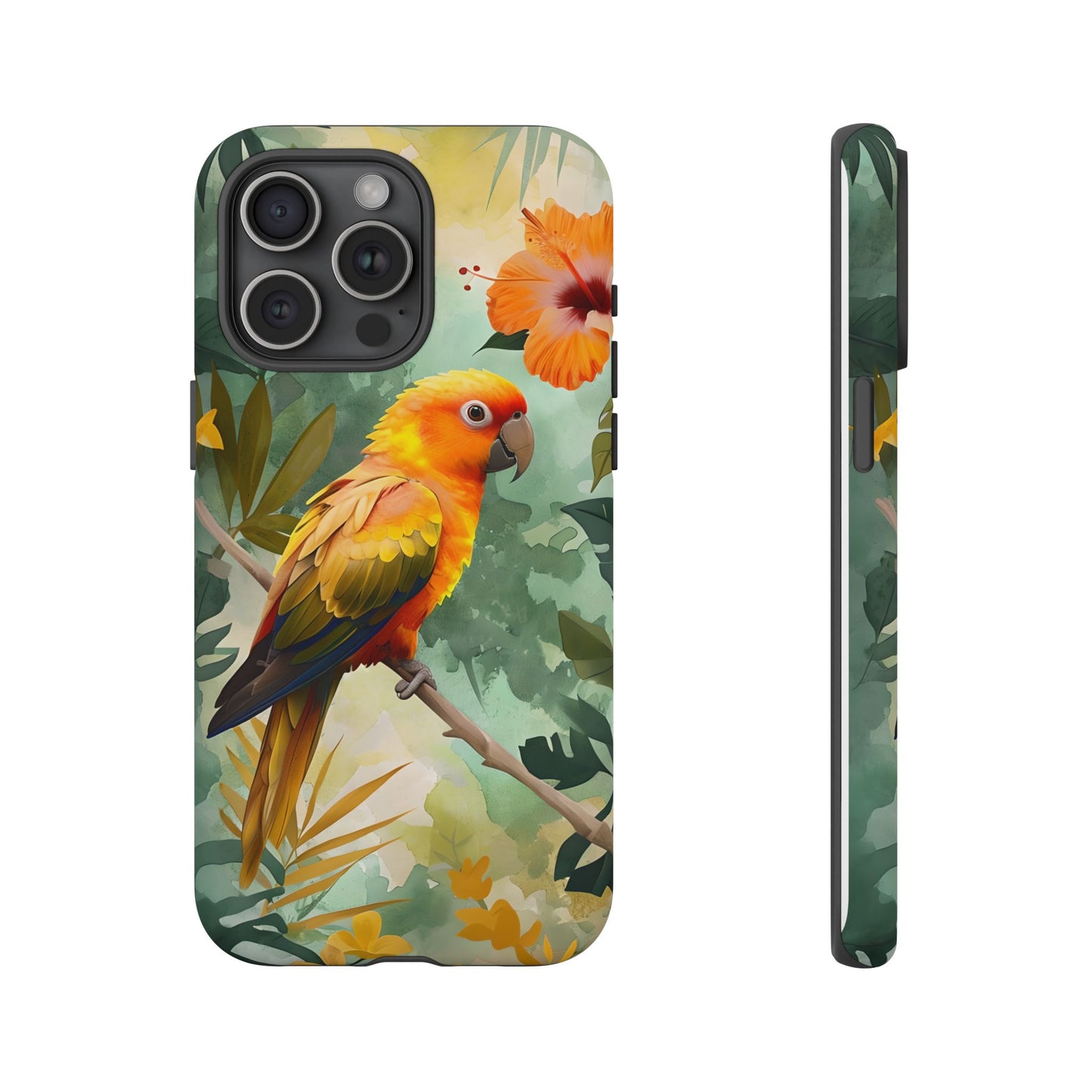Tough Cases - Sun Conure Tropical Parrot Phone Case, Vibrant Floral Design, Durable Protection for Nature Lovers