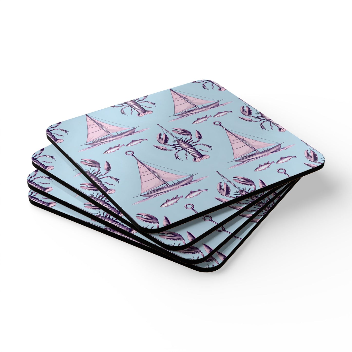 Nautical Corkwood Coaster Set - Sailboats & Sea Life Design