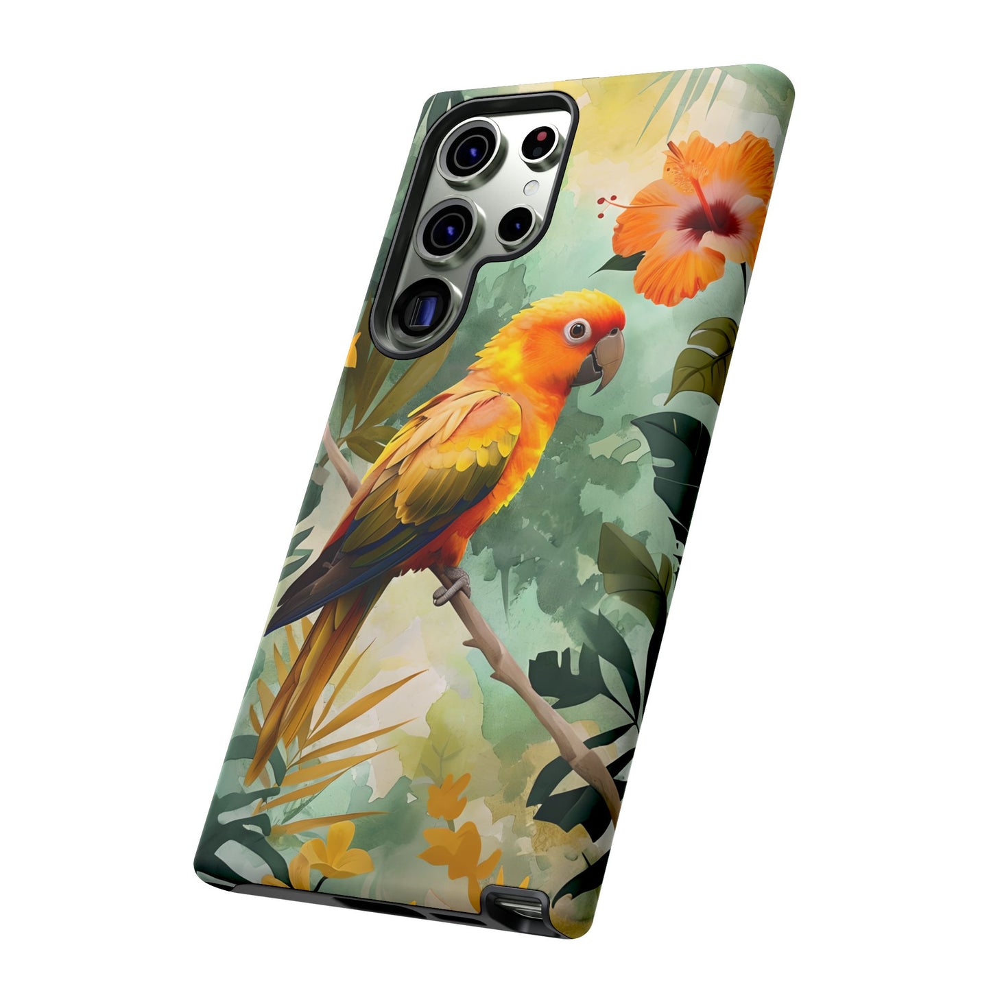 Tough Cases - Sun Conure Tropical Parrot Phone Case, Vibrant Floral Design, Durable Protection for Nature Lovers