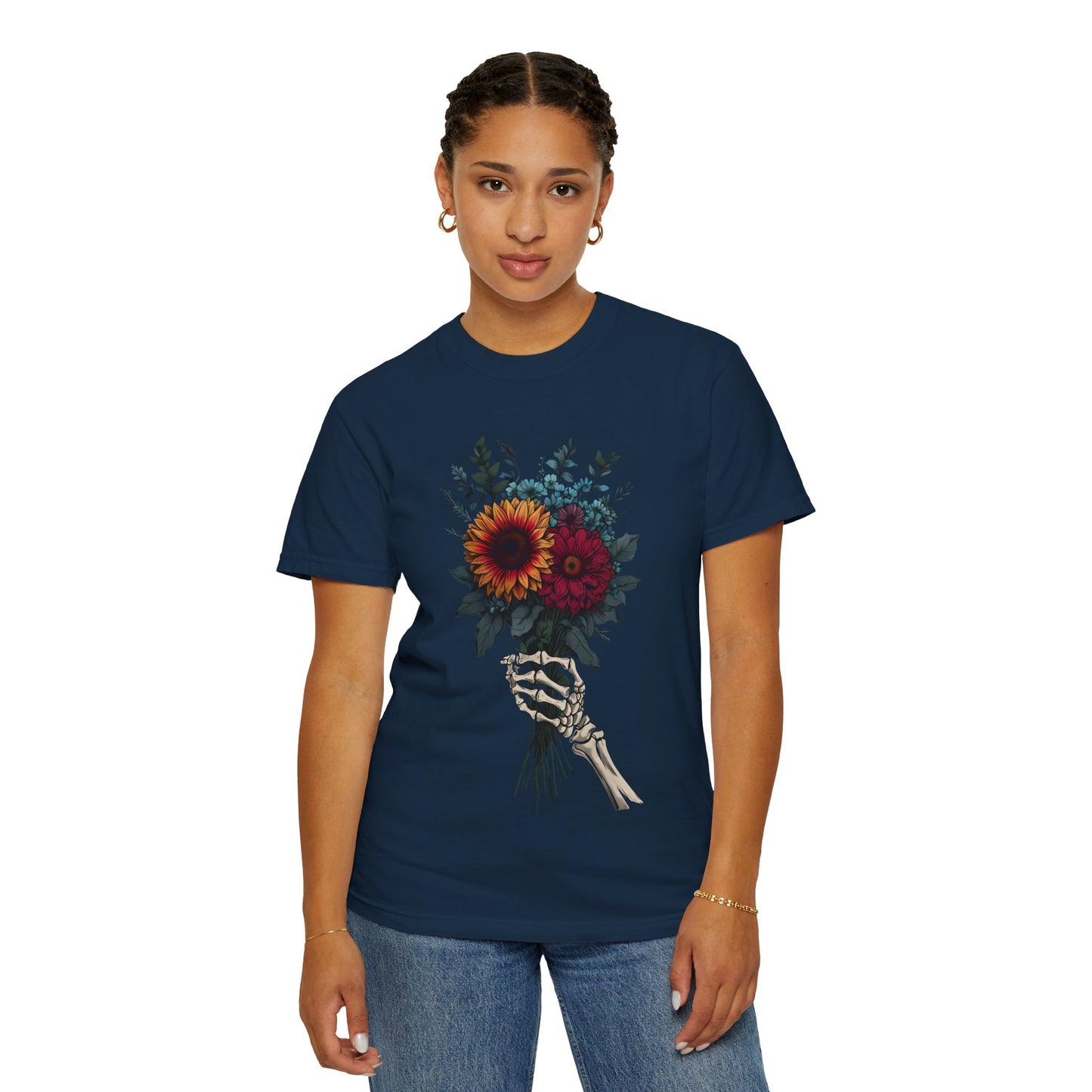 Skeleton Hand Floral Bouquet Tee - Unisex Garment-Dyed T-shirt