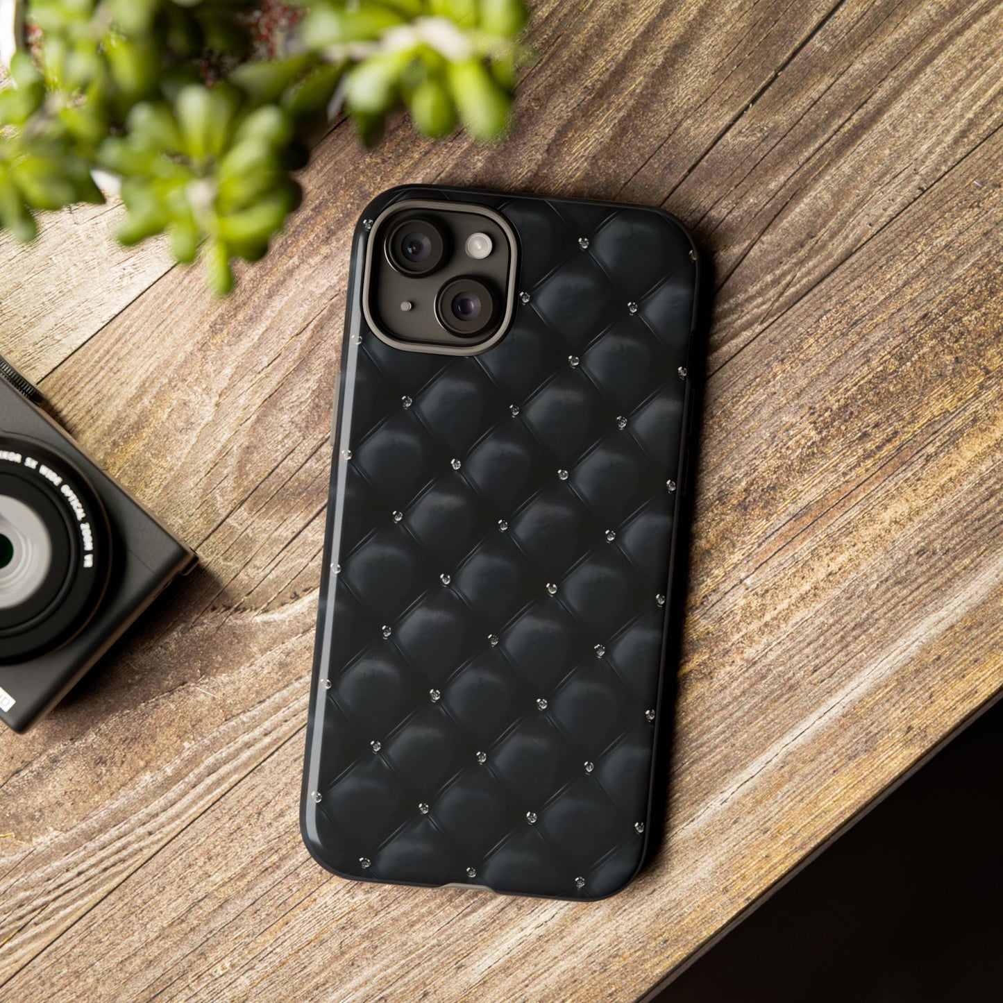 Stylish Tough Phone Case - Elegant Black Quilted Design