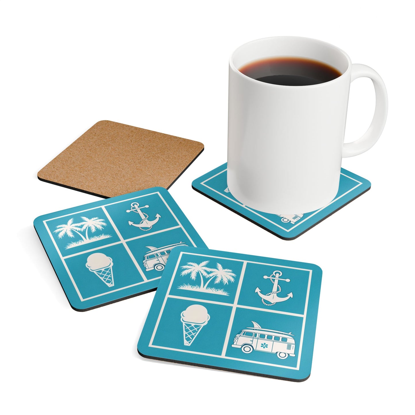 Tropical Vibes Cork Coaster Set - Anchor & Ice Cream Design