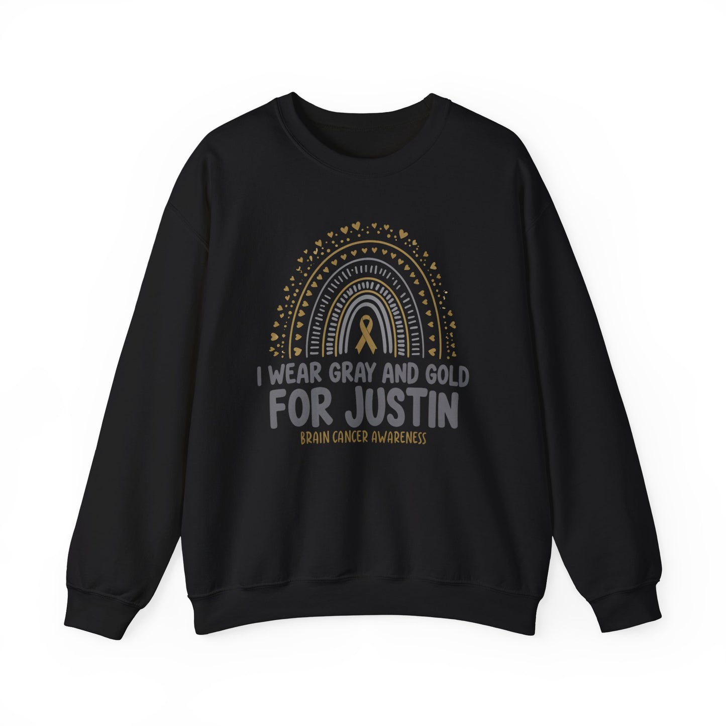 ADULT SWEATSHIRT JUSTIN Brain Cancer Awareness Crewneck Sweatshirt - I Wear Gray and Gold for Justin