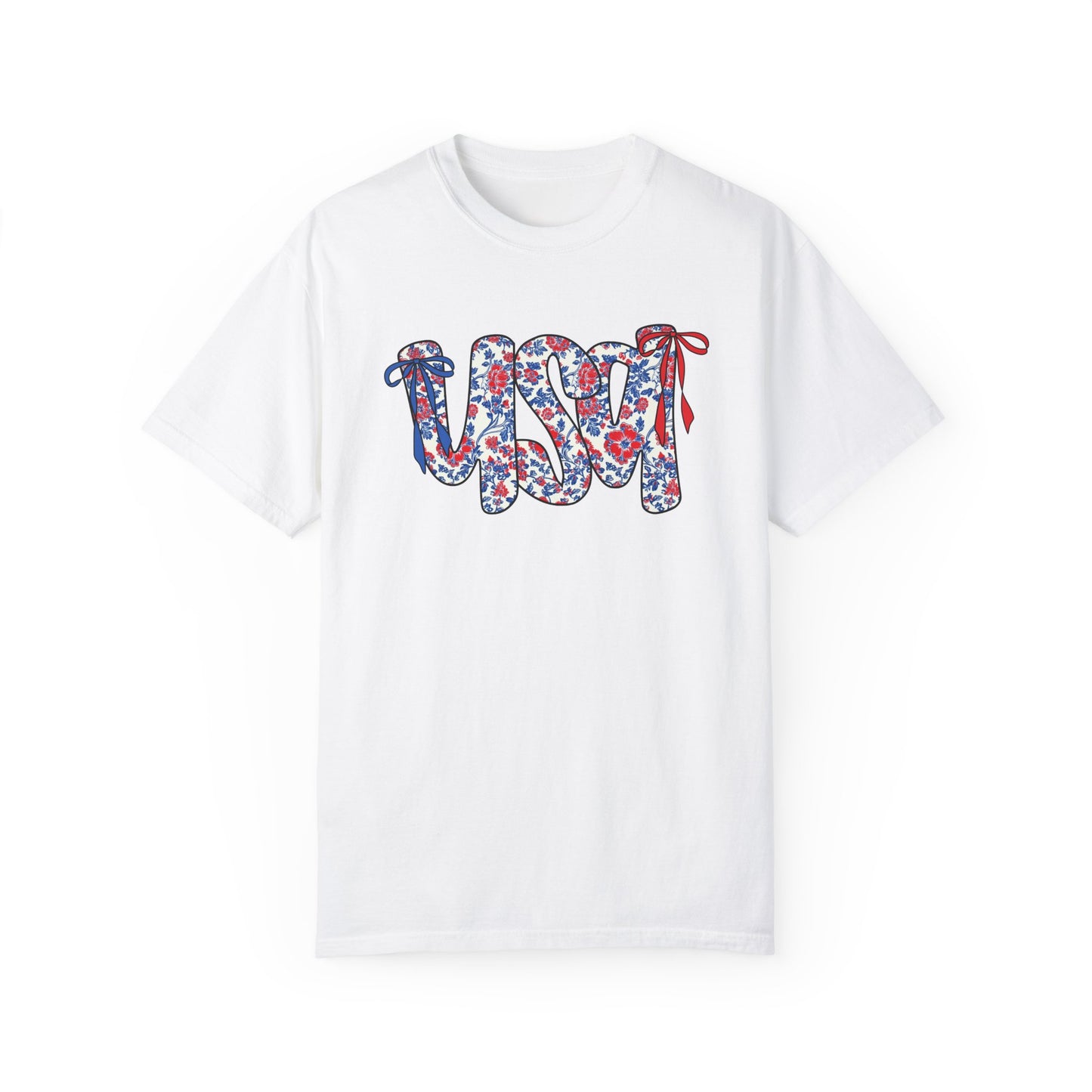 USA Coquette Retro Floral Script Unisex T-Shirt - Perfect for Patriotic Celebrations