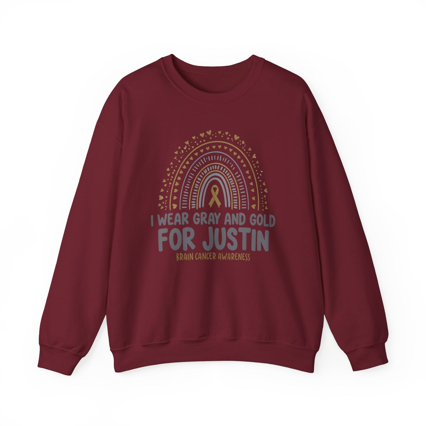 ADULT SWEATSHIRT JUSTIN Brain Cancer Awareness Crewneck Sweatshirt - I Wear Gray and Gold for Justin