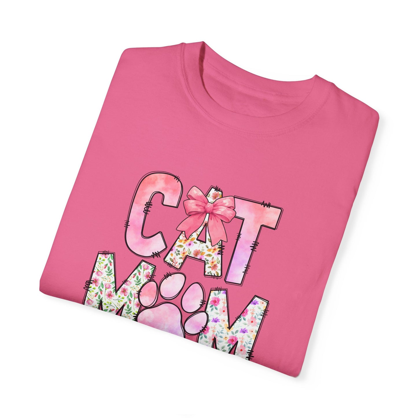 Cat Mom Garment-Dyed T-Shirt | Cute Floral Design for Cat Lovers