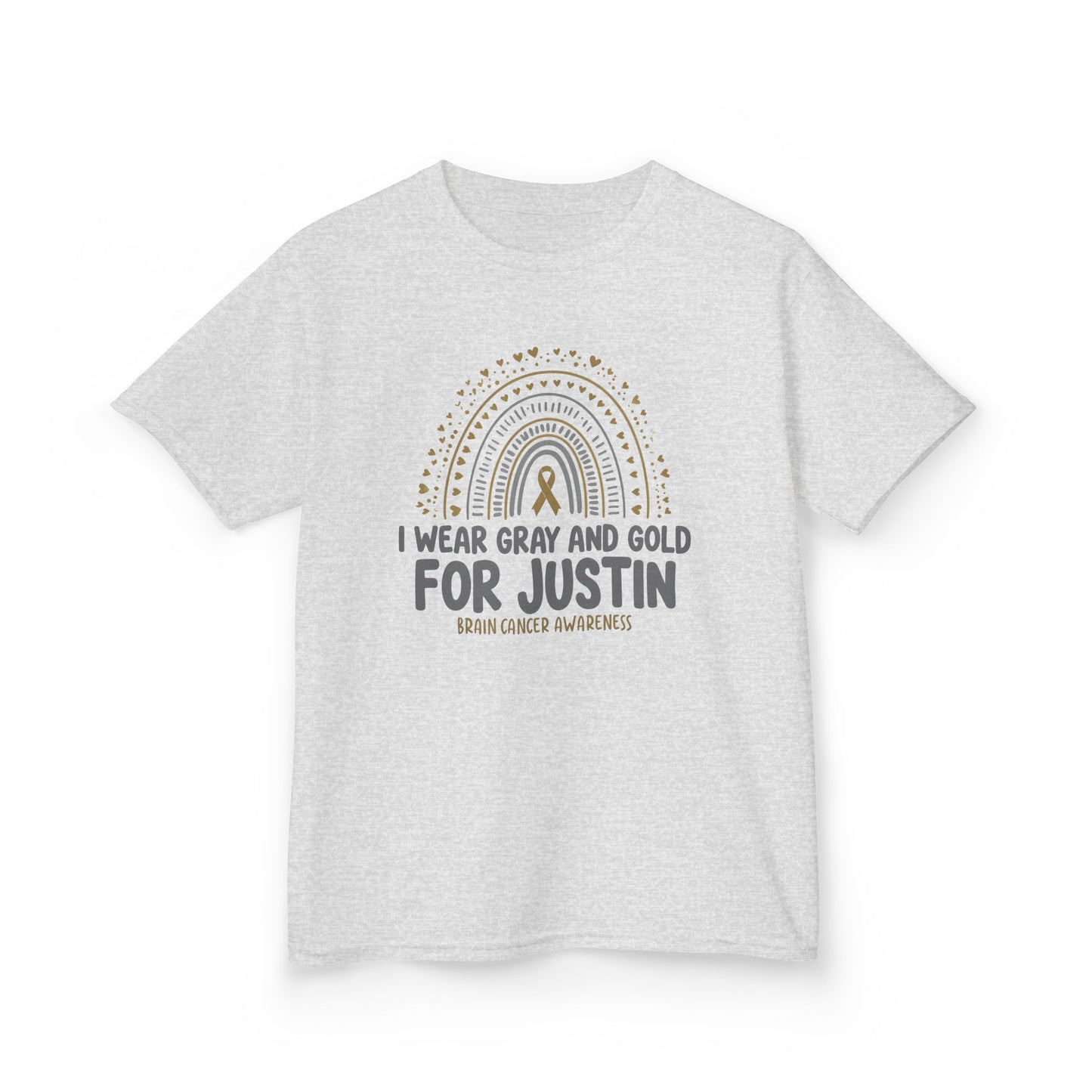 JUSTIN KIDS UNISEX TSHIRT- Kids Brain Cancer Awareness Tee - I Wear Gray and Gold for Justin