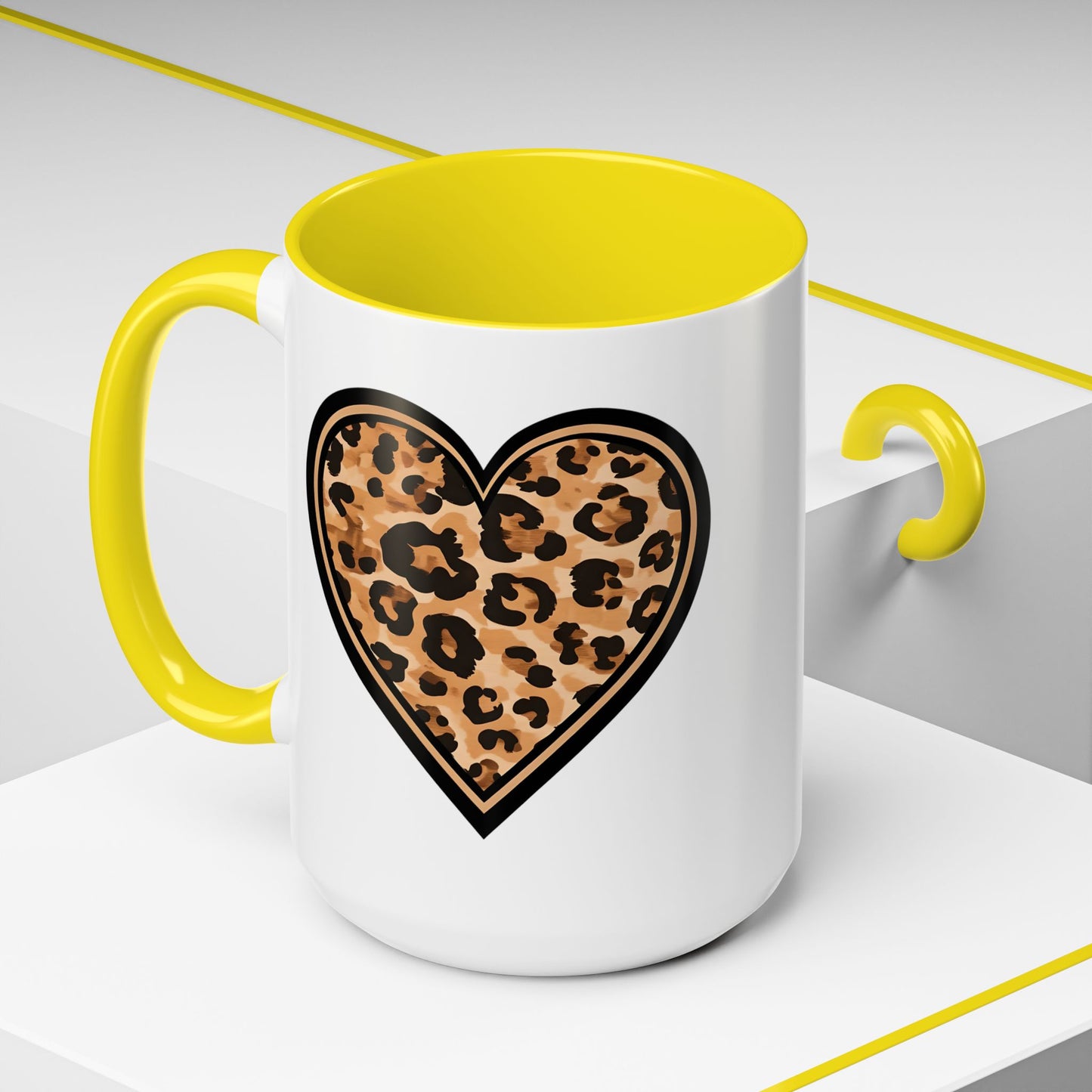 Leopard Heart Accent Coffee 15 oz Mug - Stylish Animal Print Mug for Daily Inspiration