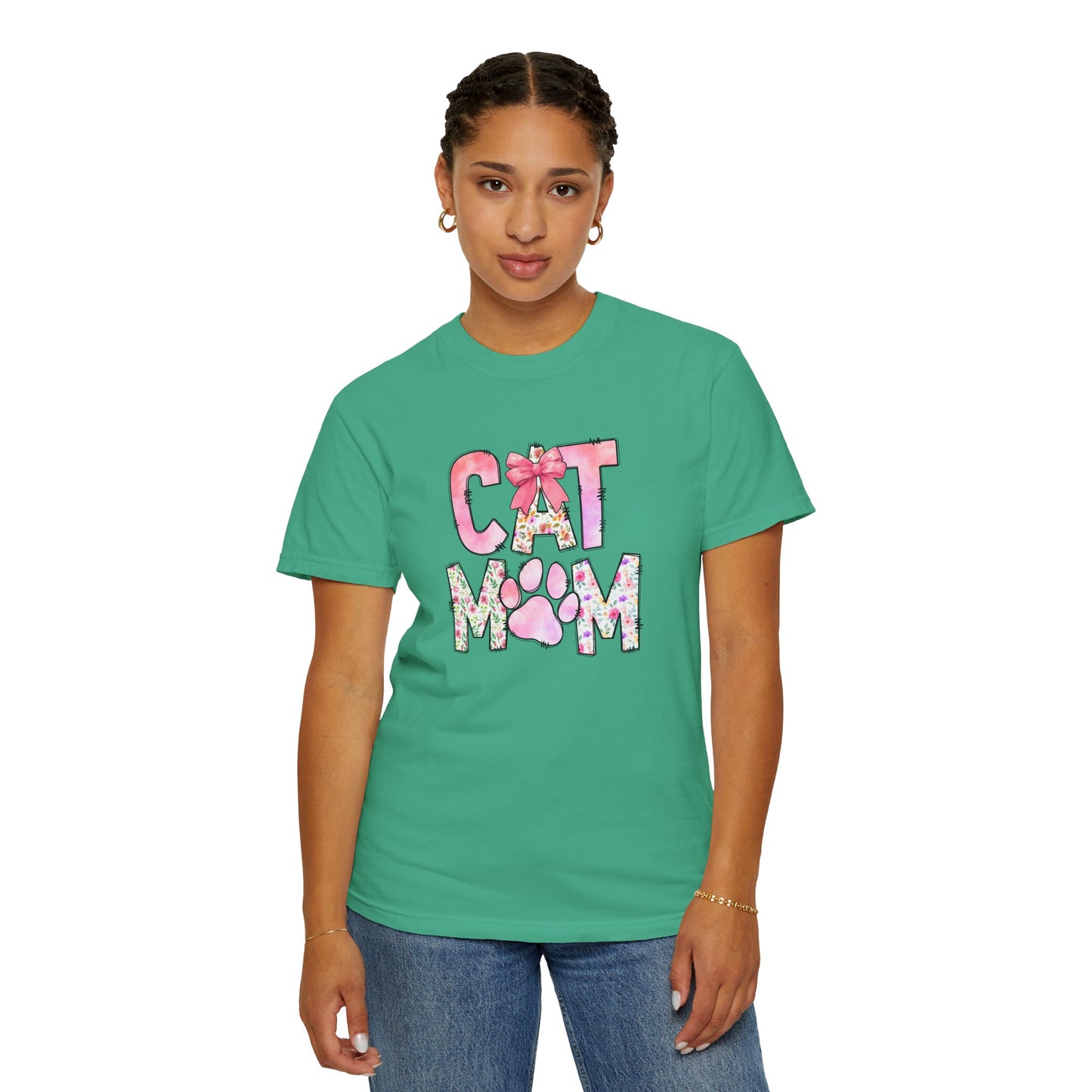 Cat Mom Garment-Dyed T-Shirt | Cute Floral Design for Cat Lovers