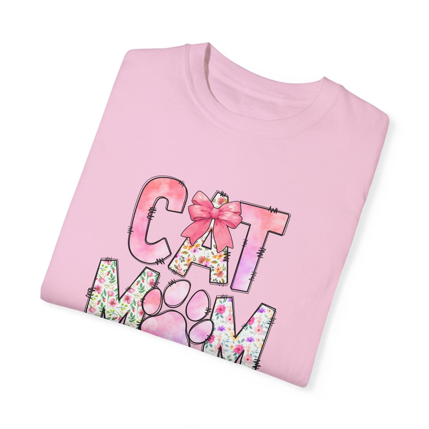 Cat Mom Garment-Dyed T-Shirt | Cute Floral Design for Cat Lovers