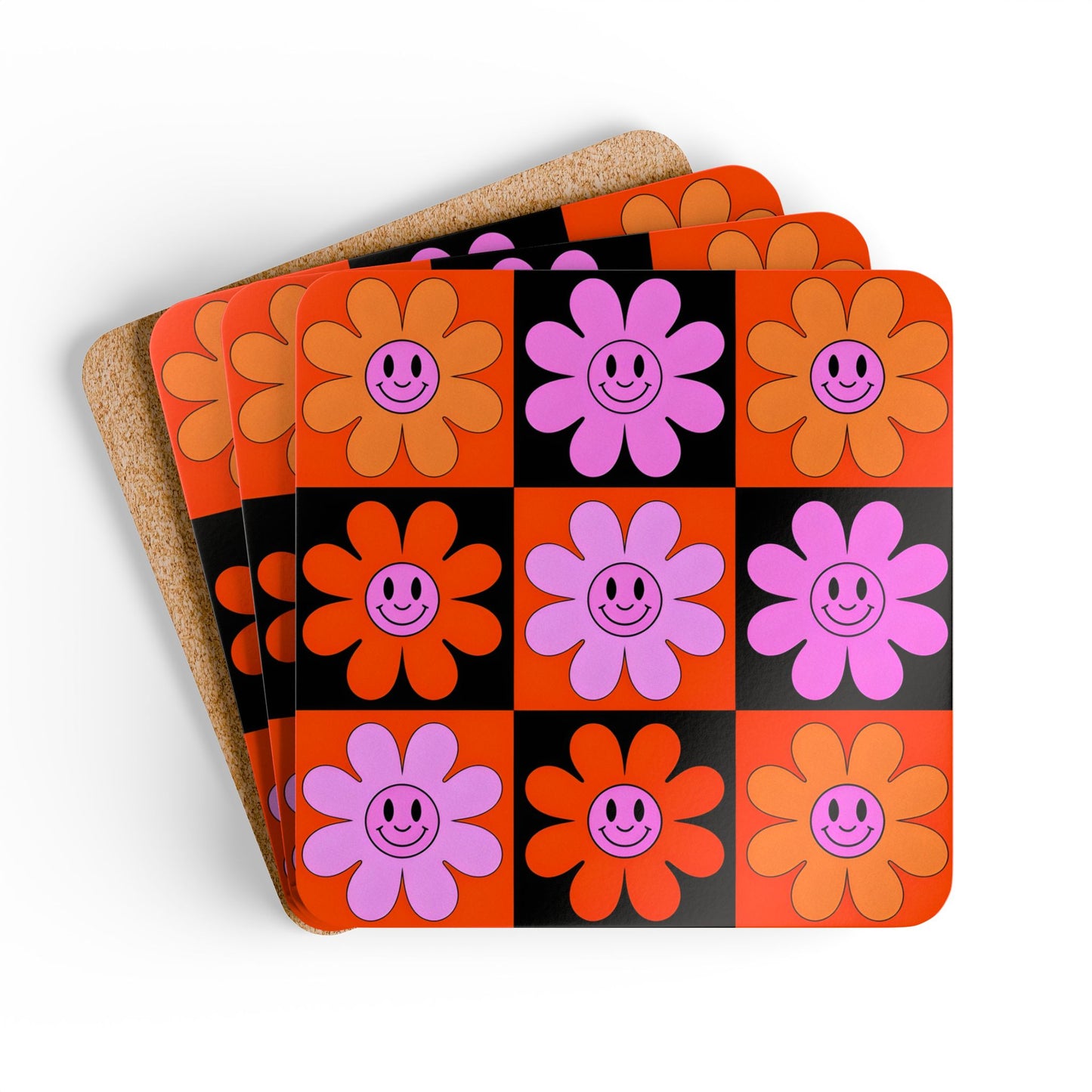 Retro Floral Cork Coaster Set - Happy Smiley Design for Home & Parties