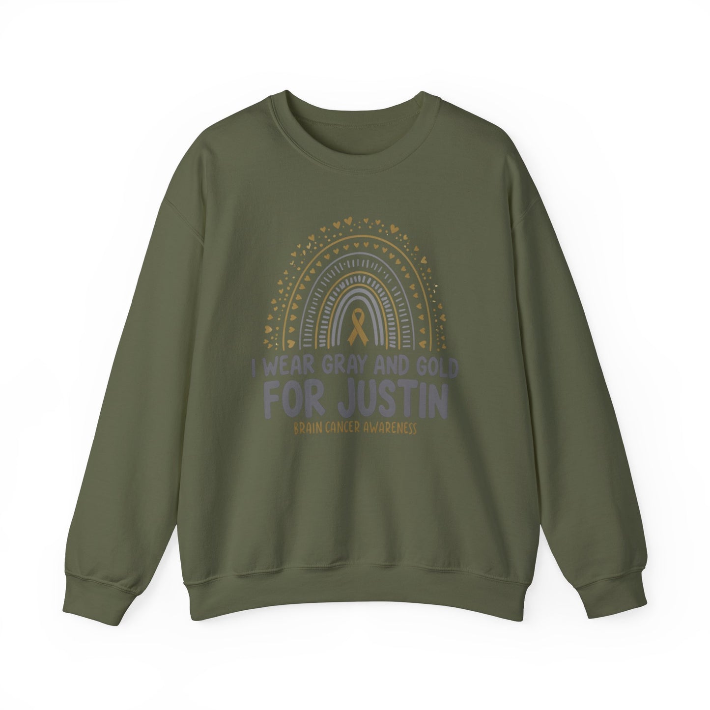 ADULT SWEATSHIRT JUSTIN Brain Cancer Awareness Crewneck Sweatshirt - I Wear Gray and Gold for Justin