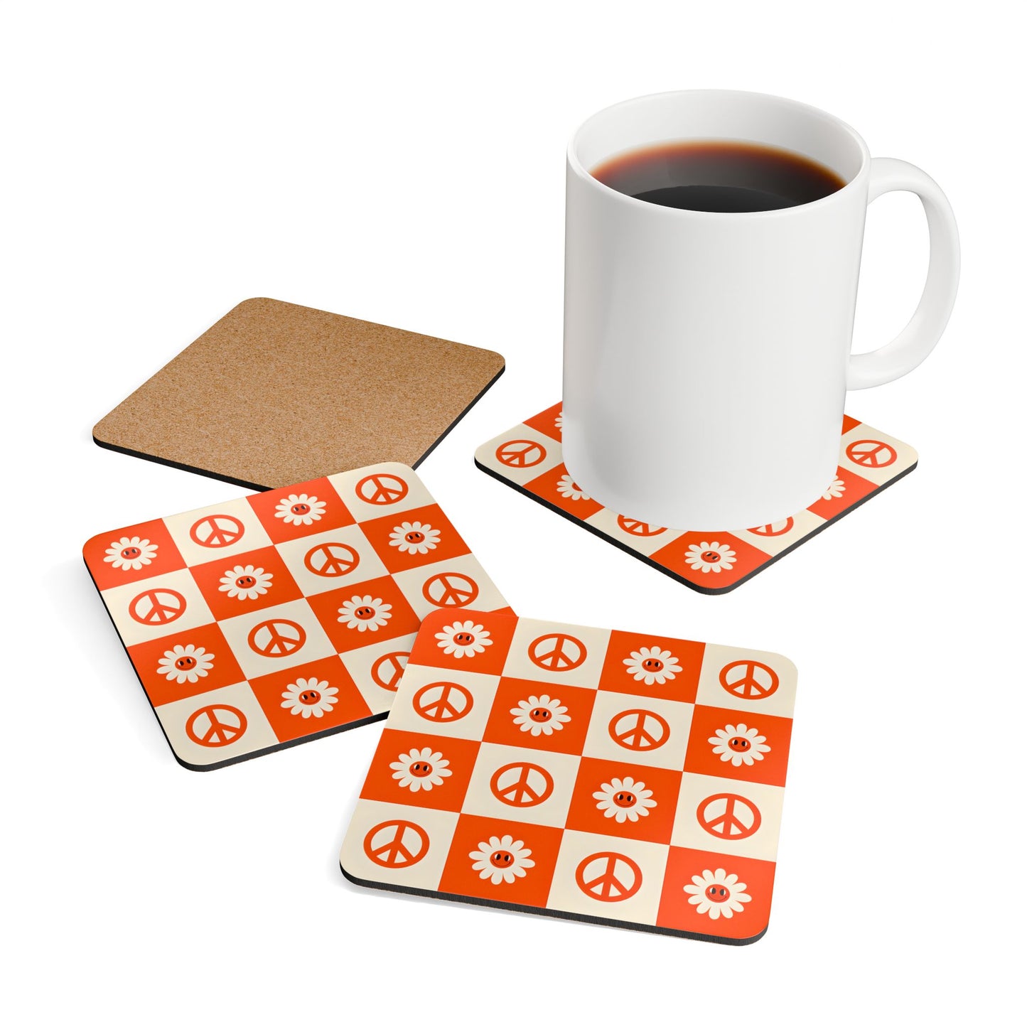 Peace and Flower Cork Coaster Set - Eco-Friendly Home Decor
