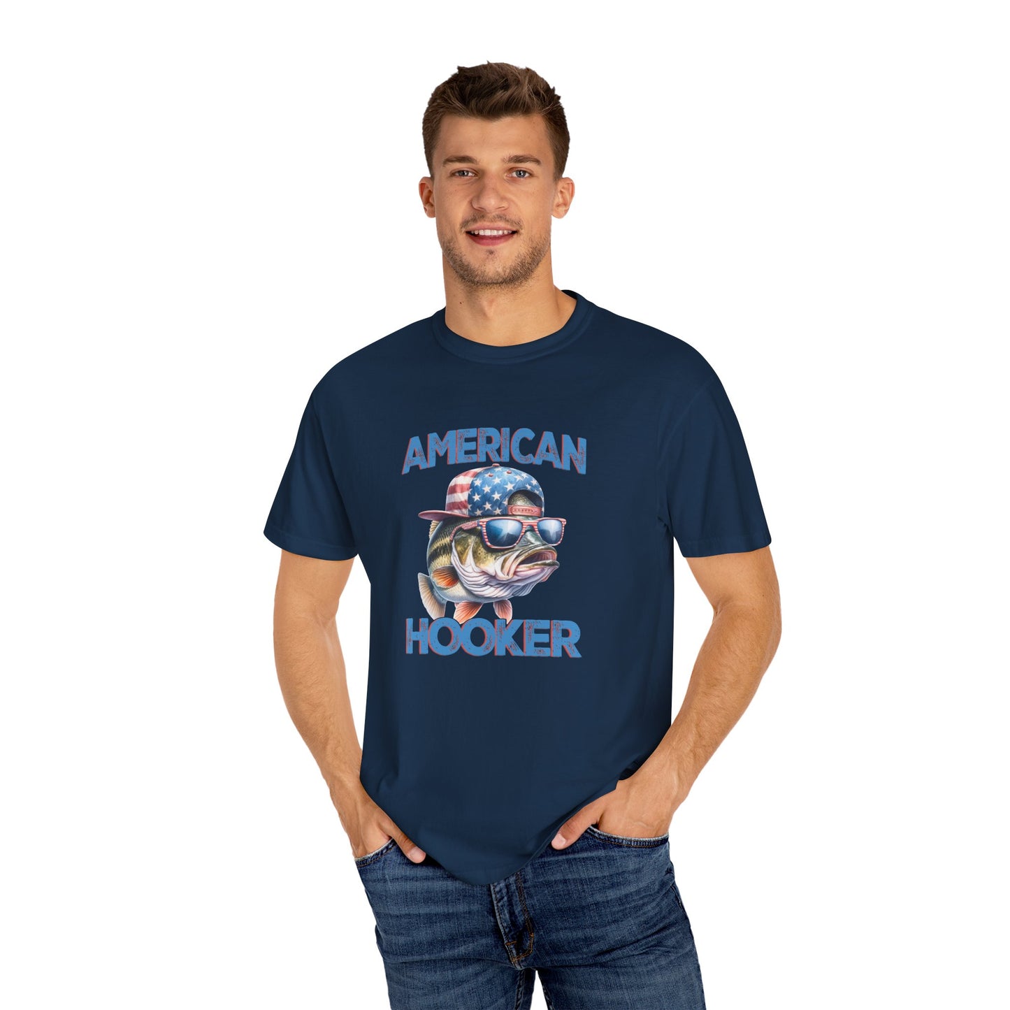 American Hooker Fish Graphic T-Shirt - Unisex Garment-Dyed Tee for Fishing Enthusiasts