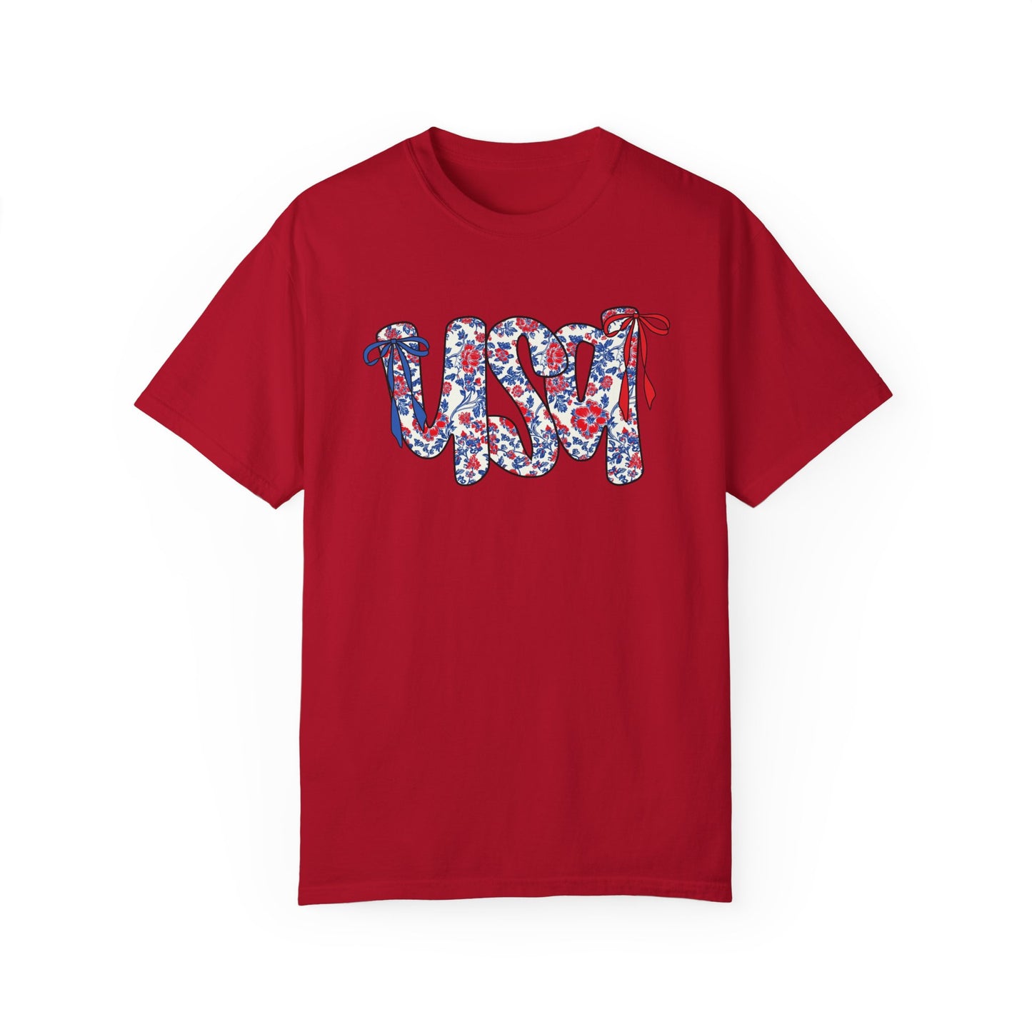 USA Coquette Retro Floral Script Unisex T-Shirt - Perfect for Patriotic Celebrations