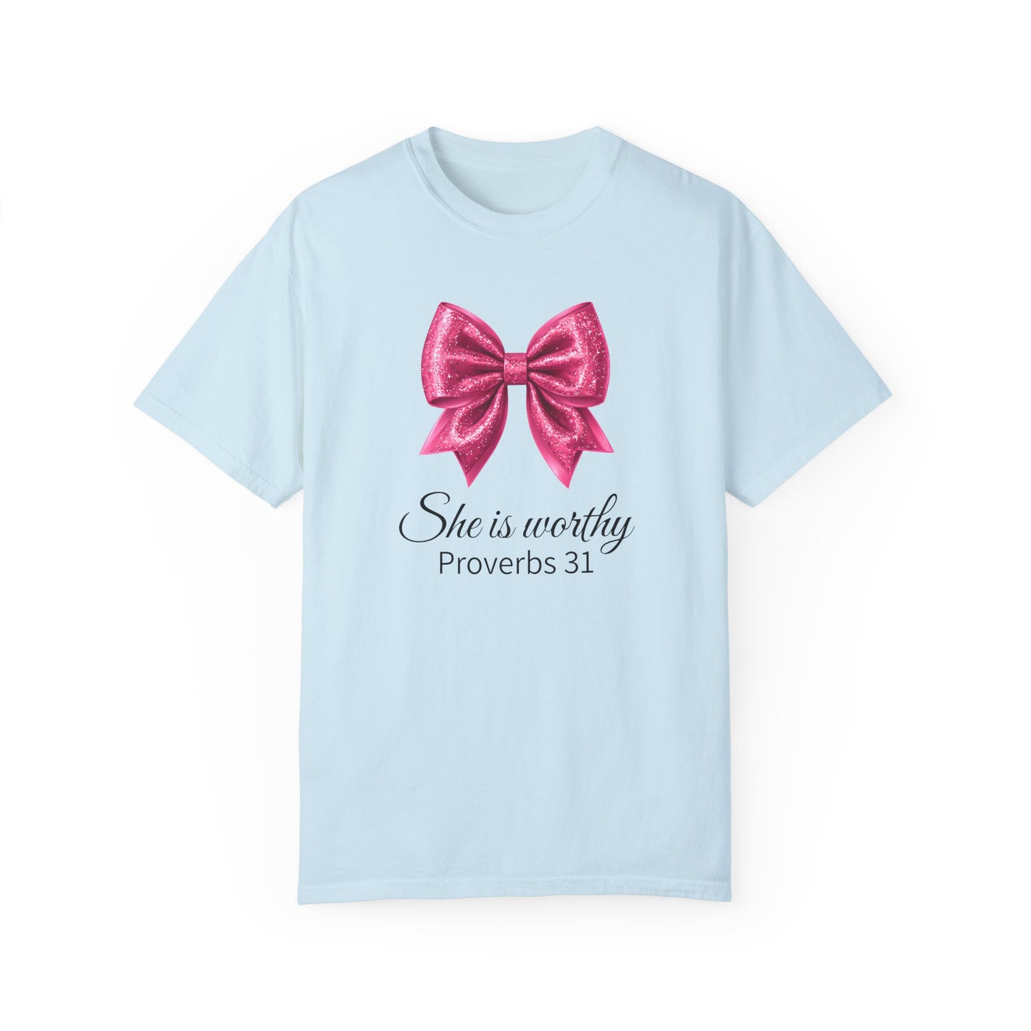 She Is Worthy Coquette Glitter Pink Bow Unisex T-Shirt - Glitter Bow Design
