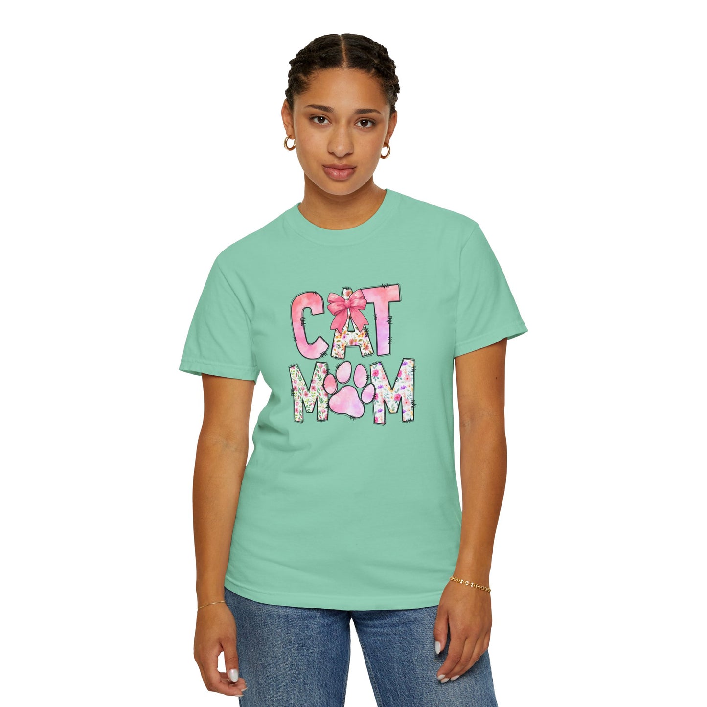 Cat Mom Garment-Dyed T-Shirt | Cute Floral Design for Cat Lovers