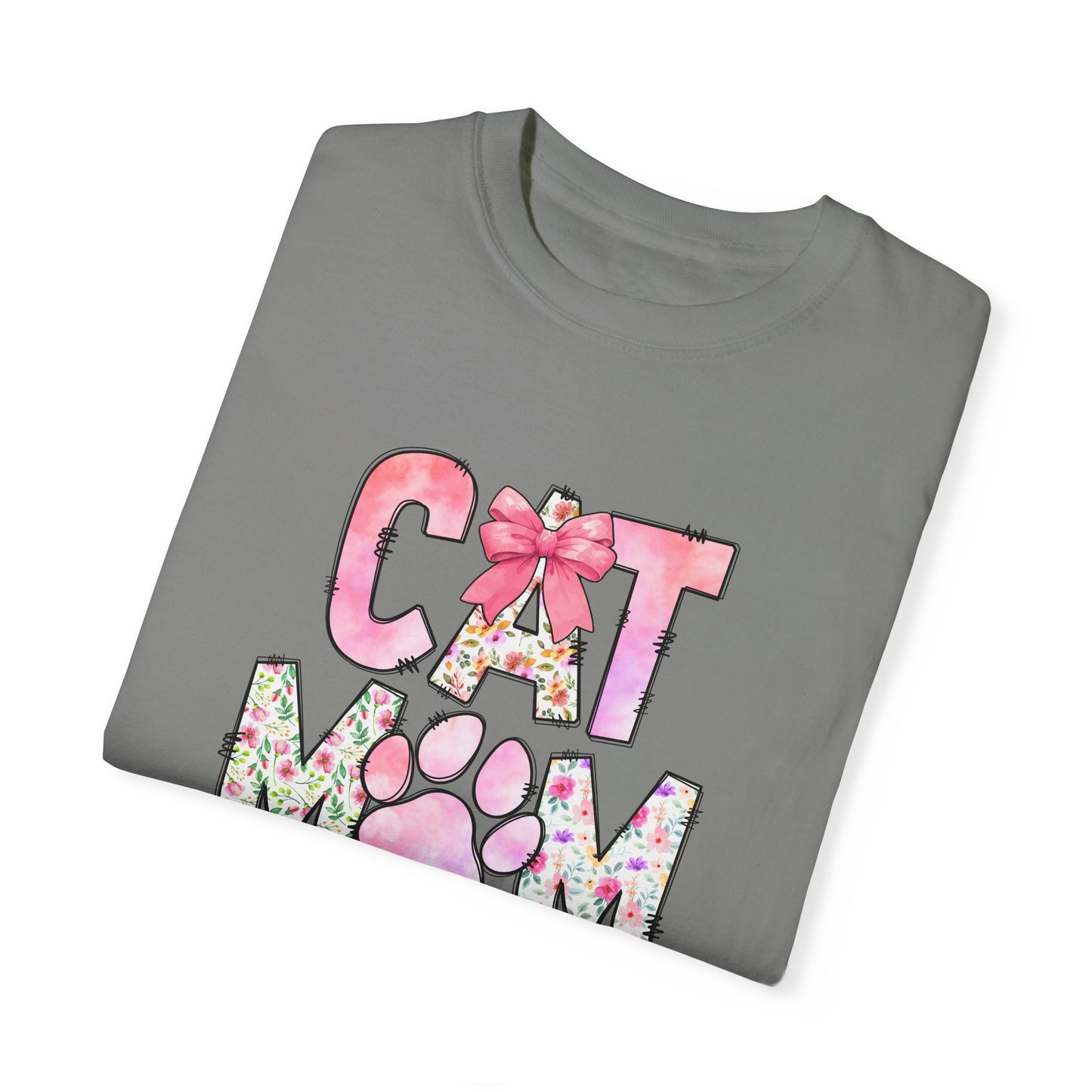 Cat Mom Garment-Dyed T-Shirt | Cute Floral Design for Cat Lovers