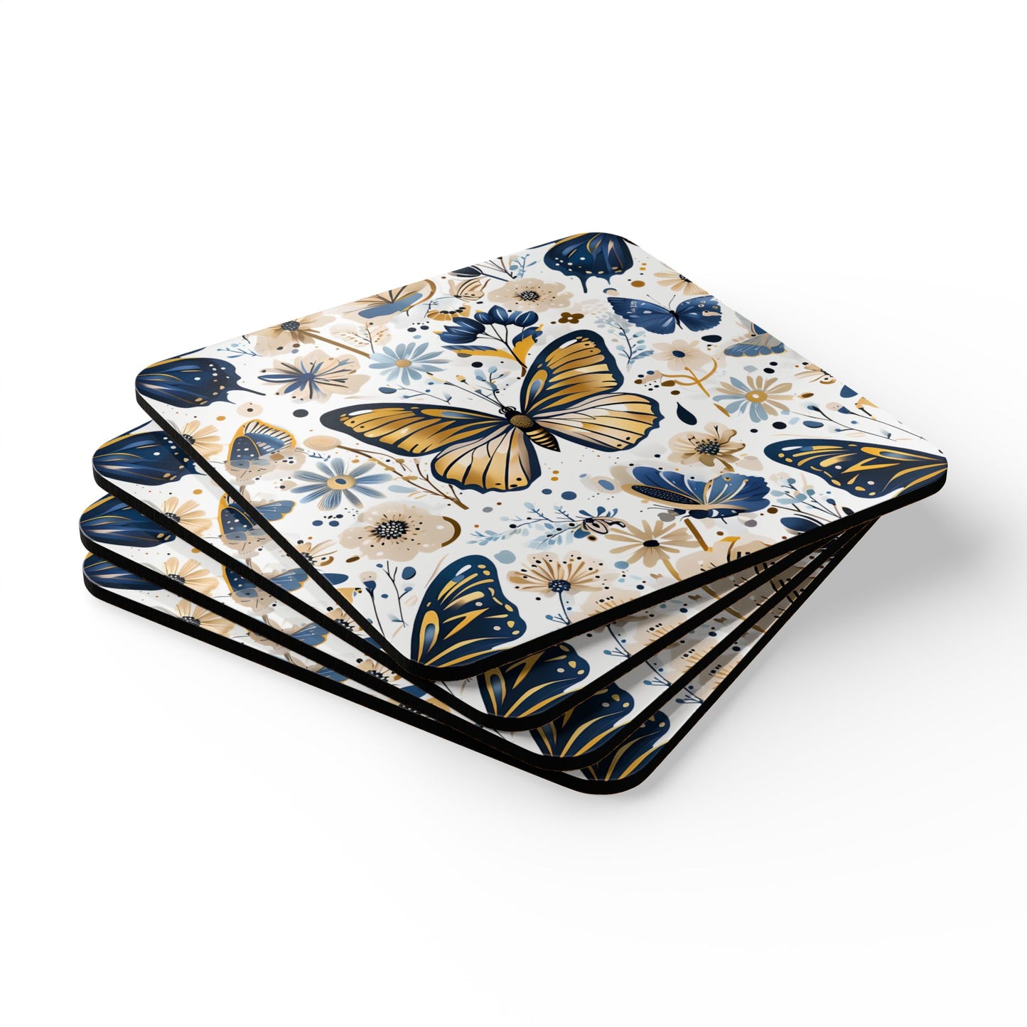 Butterfly Floral Cork Coaster Set - 4 Piece Drink Coasters for Home Decor