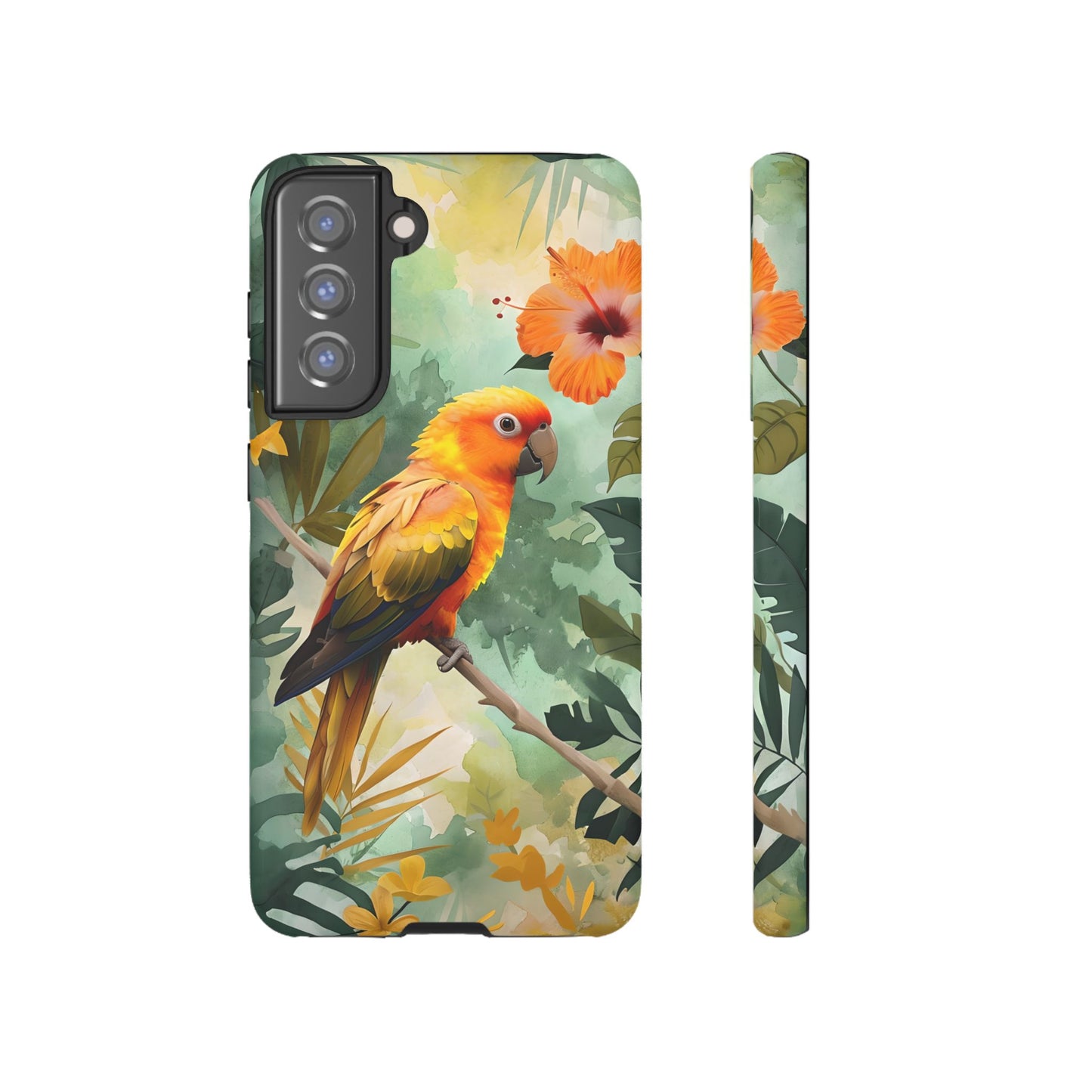 Tough Cases - Sun Conure Tropical Parrot Phone Case, Vibrant Floral Design, Durable Protection for Nature Lovers