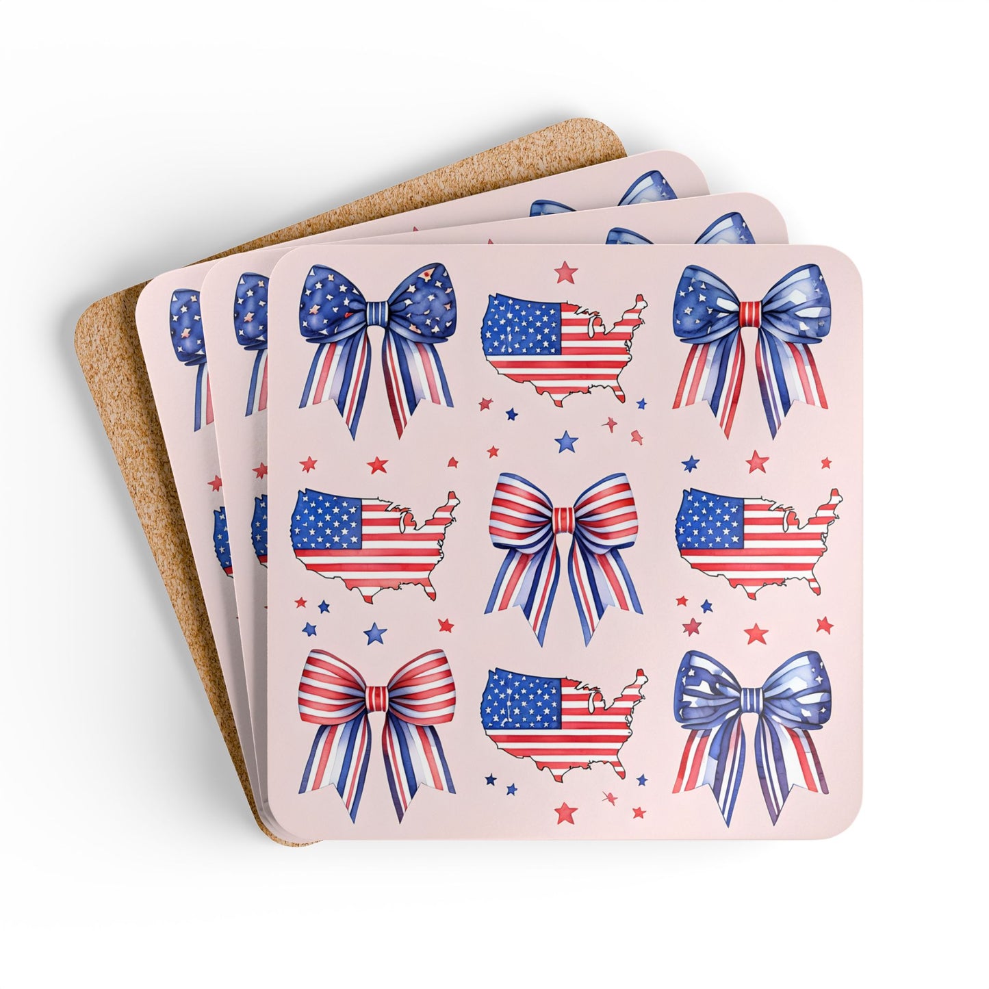 Patriotic Cork Coaster Set – USA Map & Bows - Perfect for Fourth of July Celebrations!