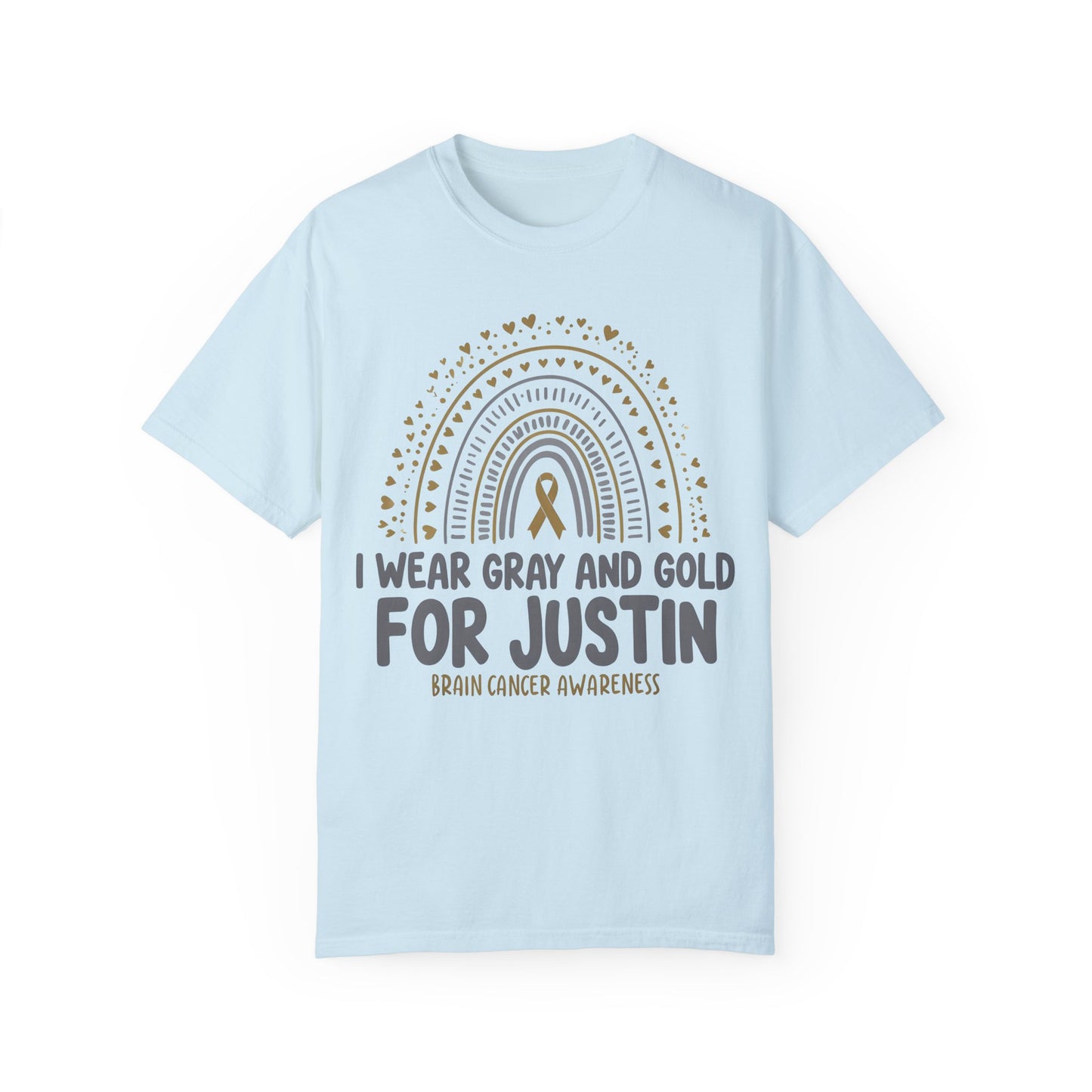 JUSTIN ADULT-Brain Cancer Awareness T-Shirt - I Wear Gray and Gold for Justin