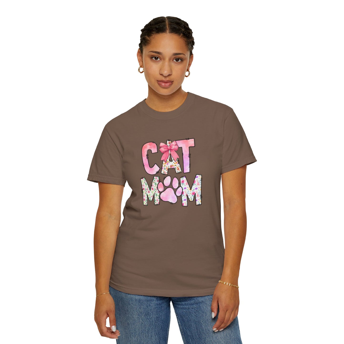 Cat Mom Garment-Dyed T-Shirt | Cute Floral Design for Cat Lovers