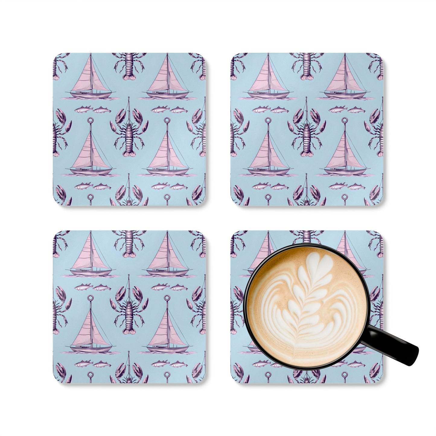 Nautical Corkwood Coaster Set - Sailboats & Sea Life Design