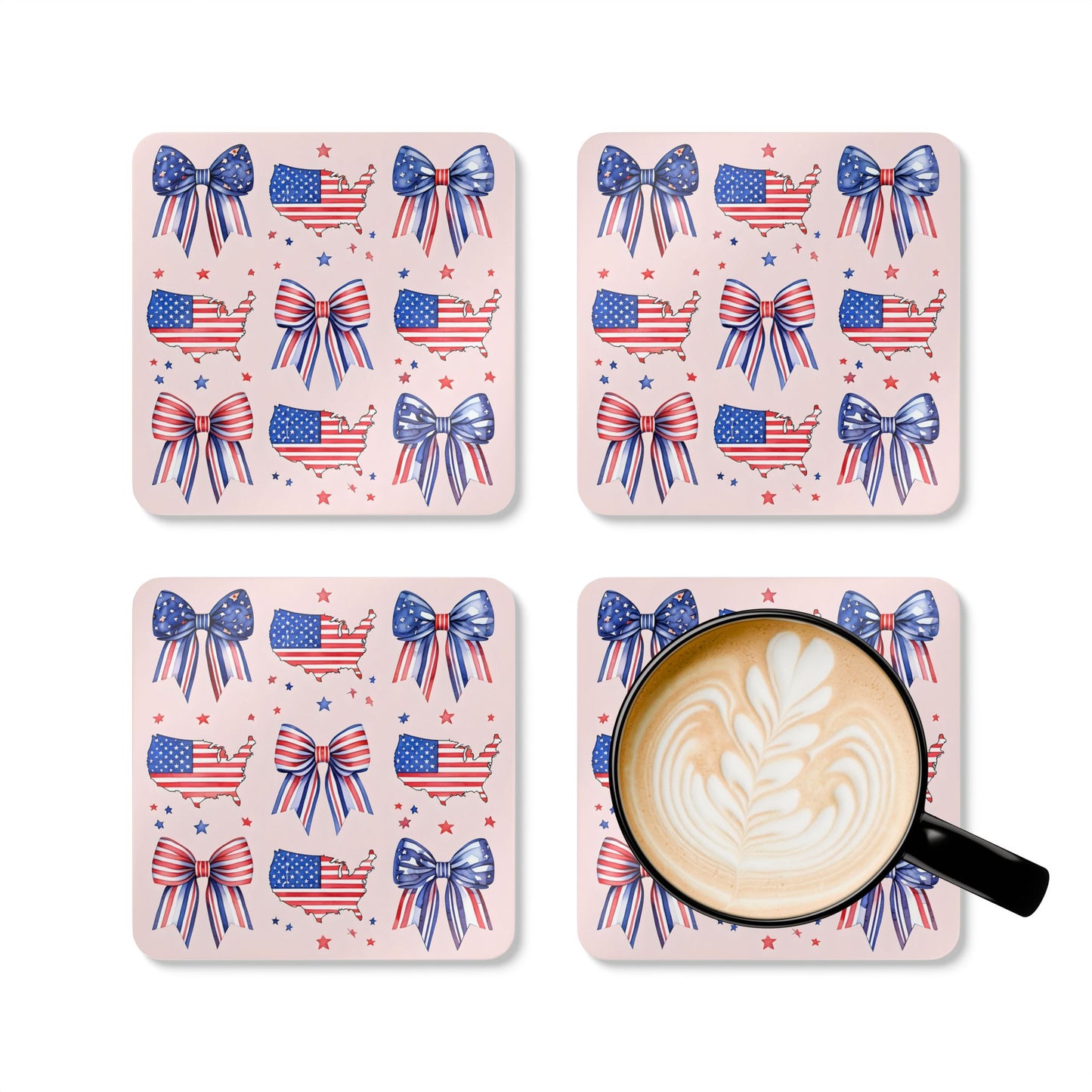 Patriotic Cork Coaster Set – USA Map & Bows - Perfect for Fourth of July Celebrations!