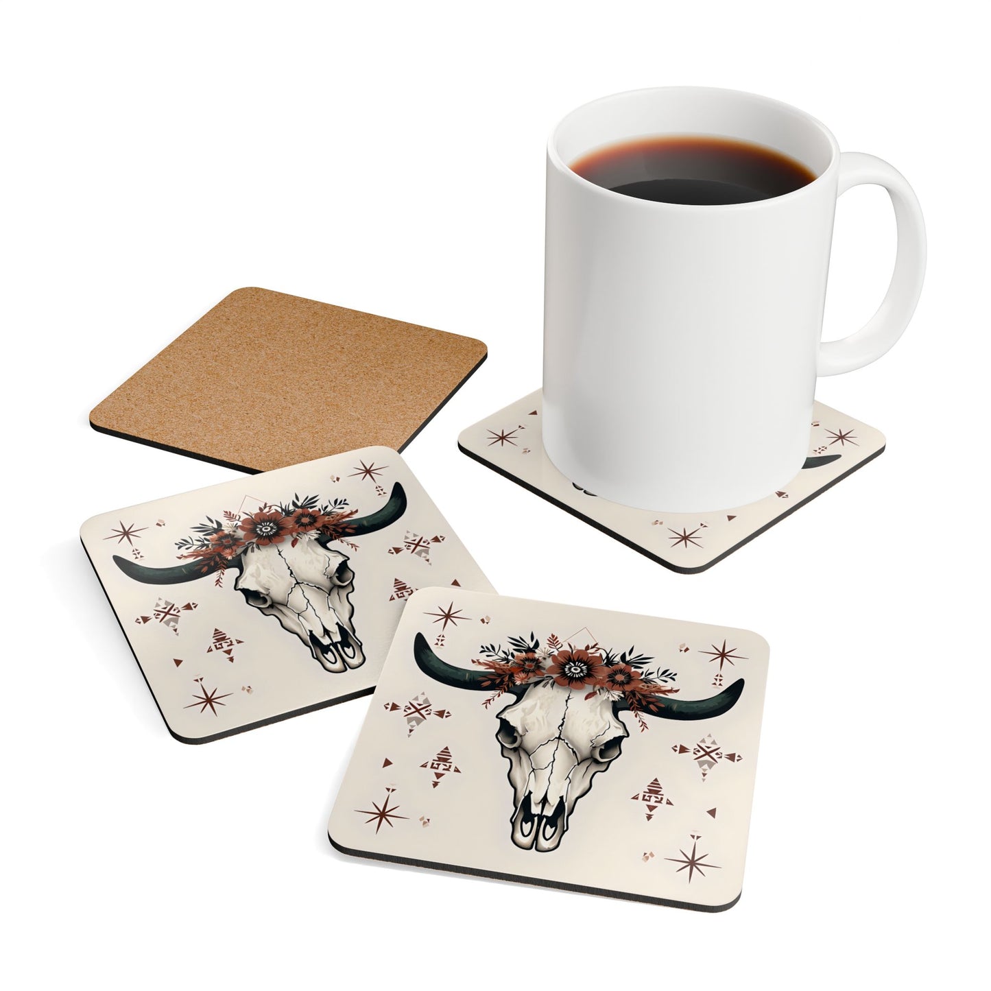 Rustic Floral Skull Coaster Set - Boho Home Decor