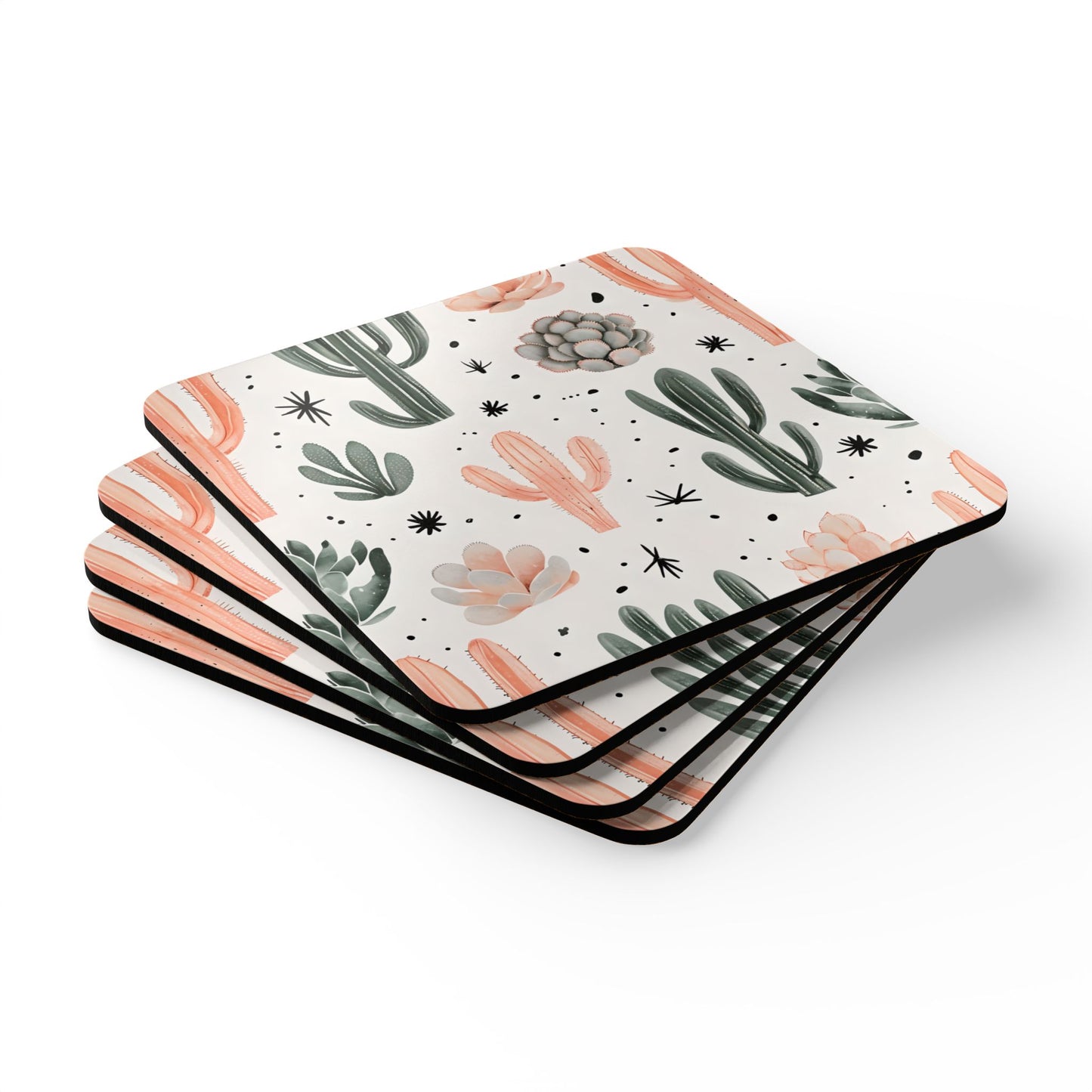 Cactus Print Cork Coaster Set - Decorative Drink Coasters for Home & Parties