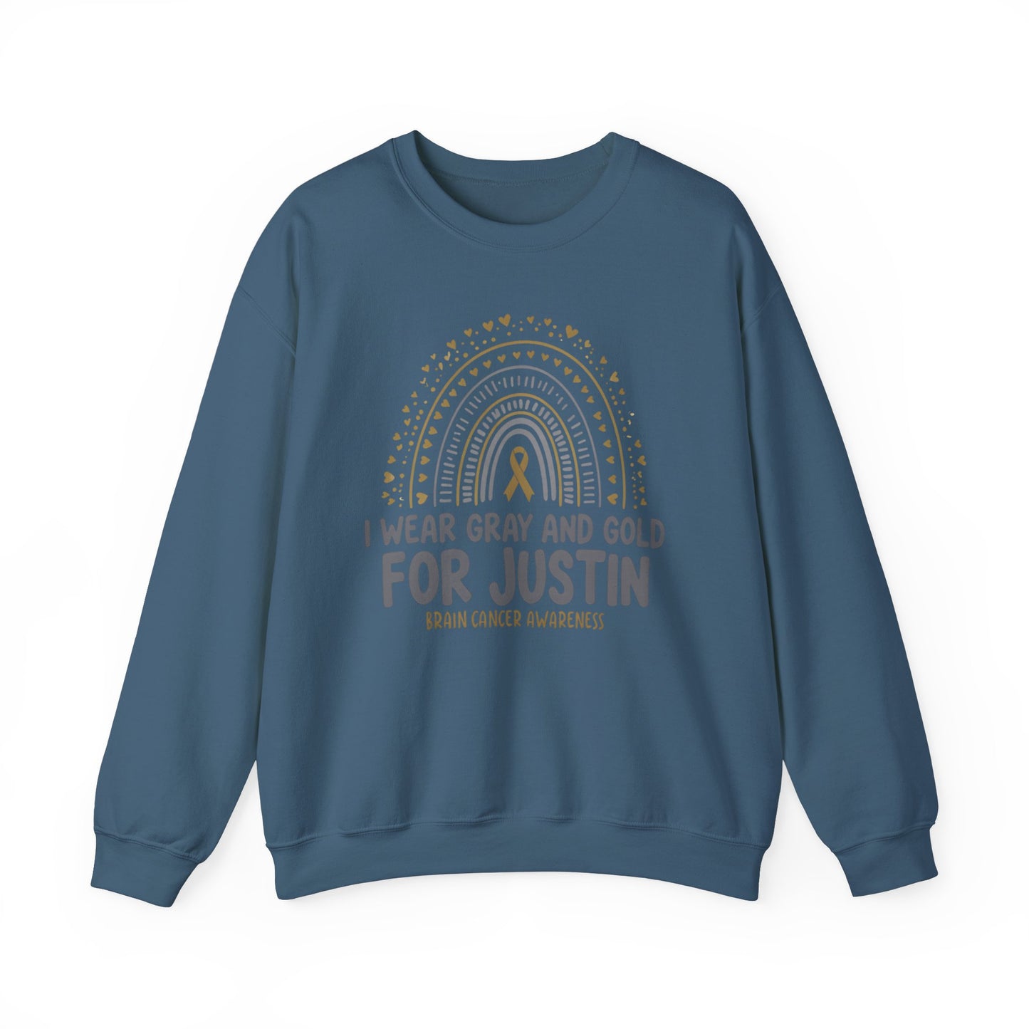 ADULT SWEATSHIRT JUSTIN Brain Cancer Awareness Crewneck Sweatshirt - I Wear Gray and Gold for Justin