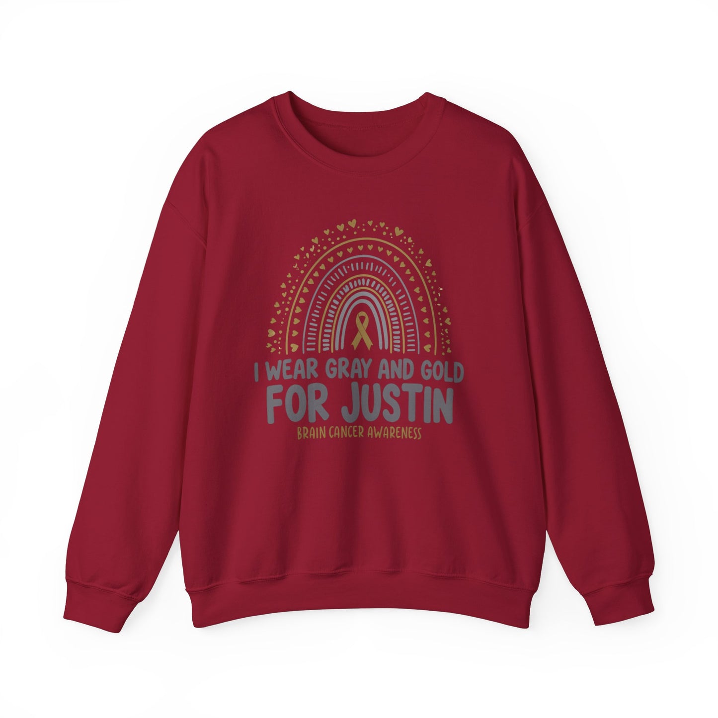 ADULT SWEATSHIRT JUSTIN Brain Cancer Awareness Crewneck Sweatshirt - I Wear Gray and Gold for Justin