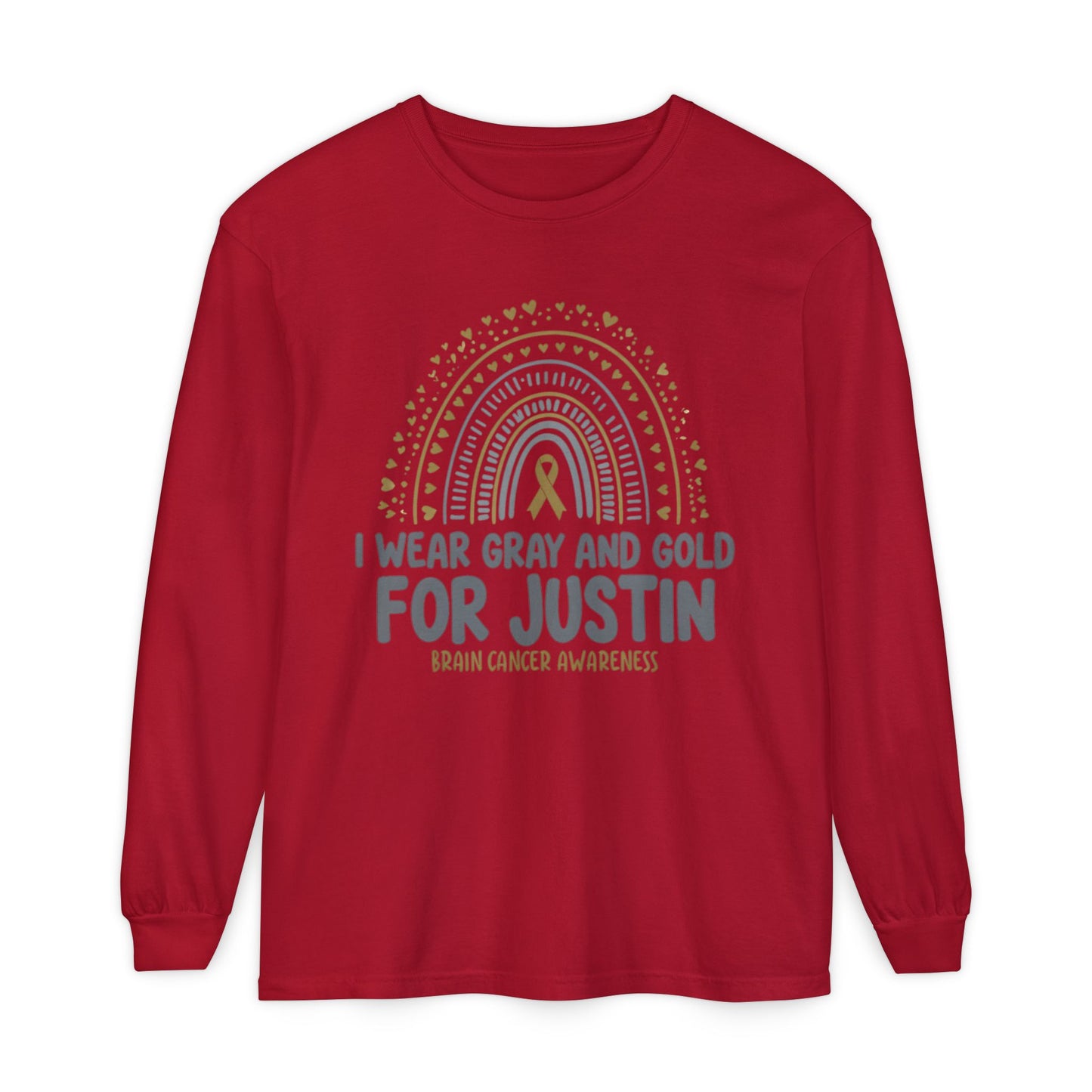 JUSTIN ADULT LONG SLEEVE- Brain Cancer Awareness Long Sleeve T-Shirt - I Wear Gray and Gold for Justin