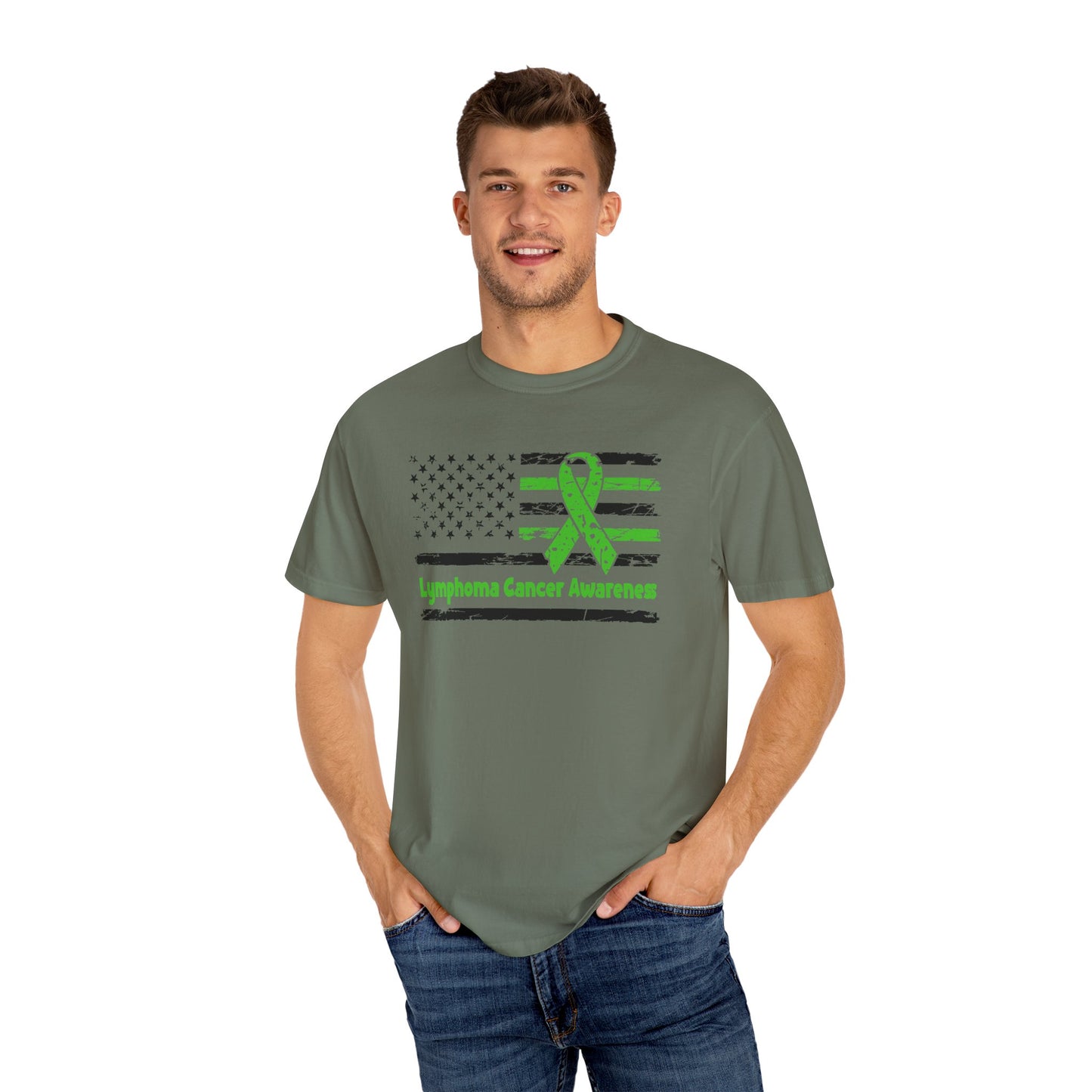 Lymphoma Awareness T-Shirt, Unisex Garment-Dyed Tee, Cancer Support Shirt, Green Ribbon Tee, Gift for Awareness Events
