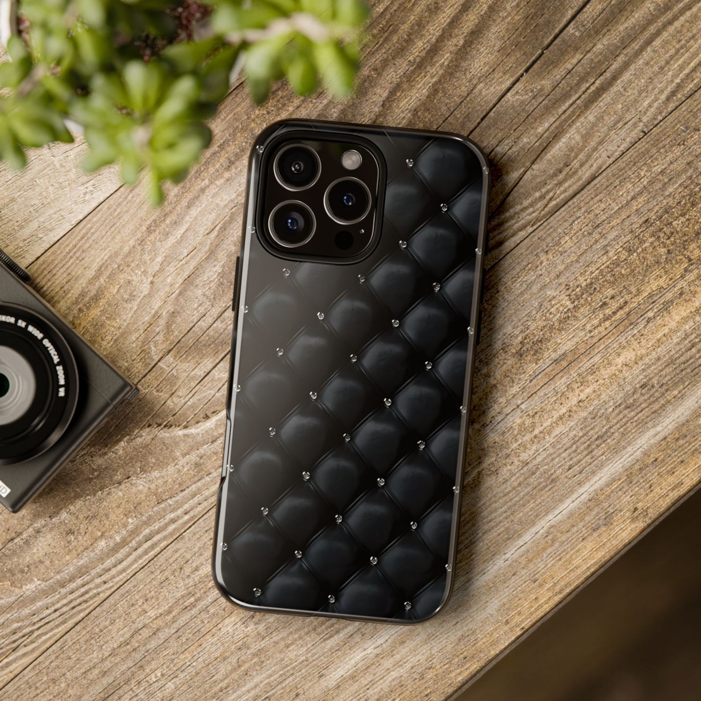 Stylish Tough Phone Case - Elegant Black Quilted Design