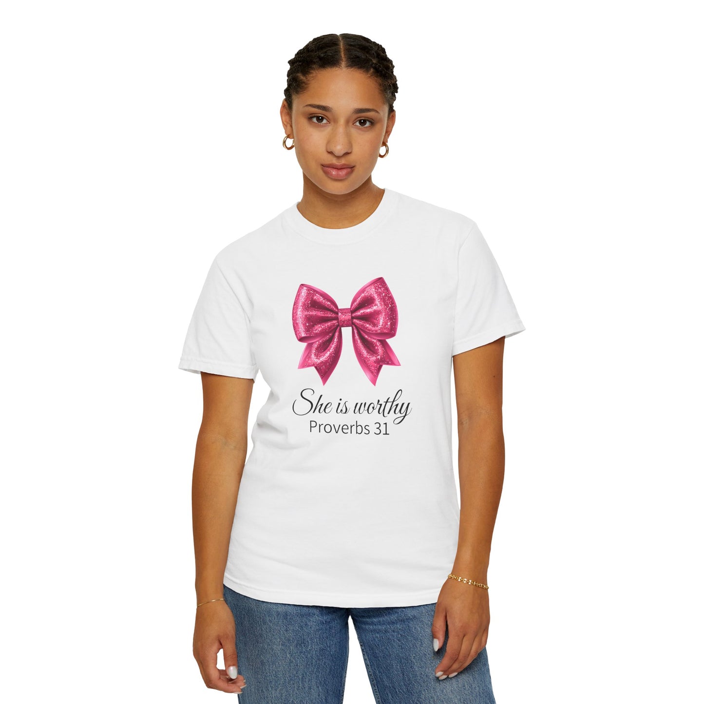 She Is Worthy Coquette Glitter Pink Bow Unisex T-Shirt - Glitter Bow Design