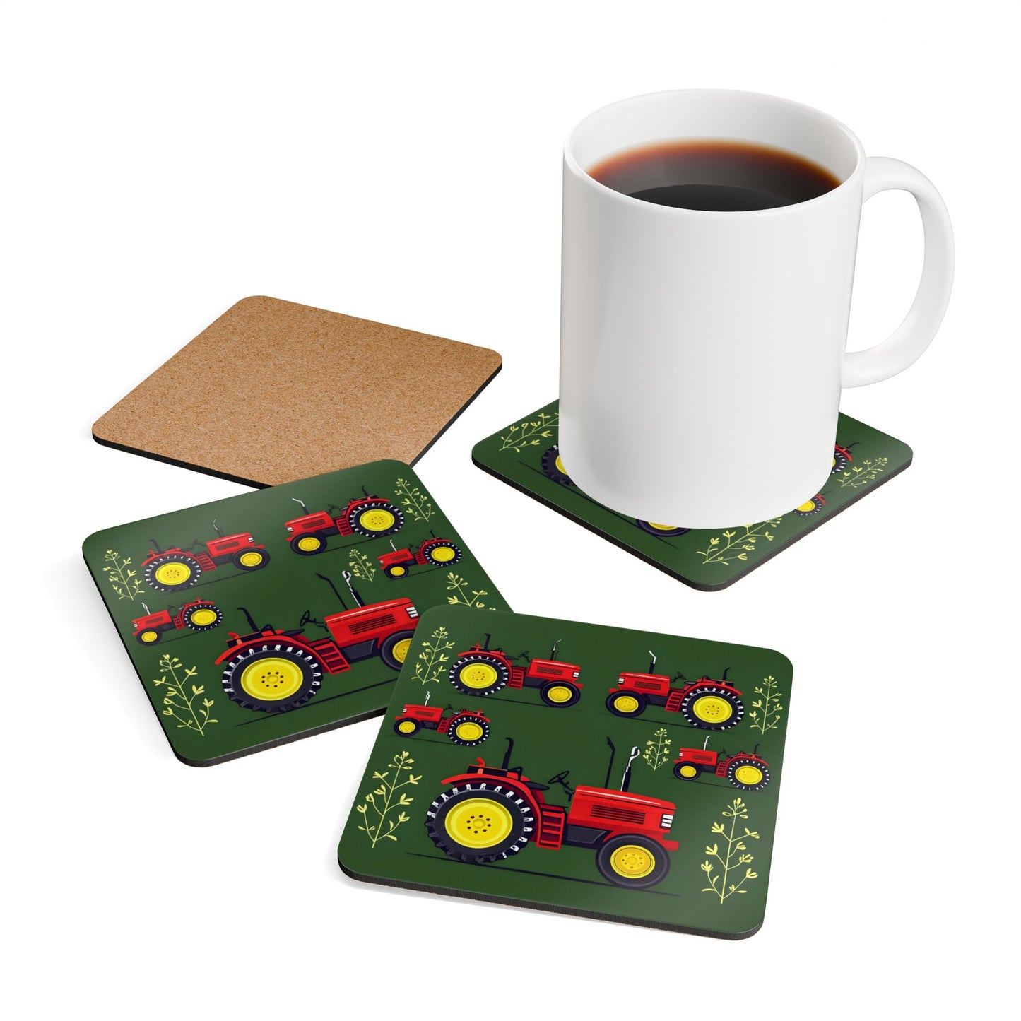 Farmhouse Tractor Corkwood Coaster Set - Rustic Home Decor
