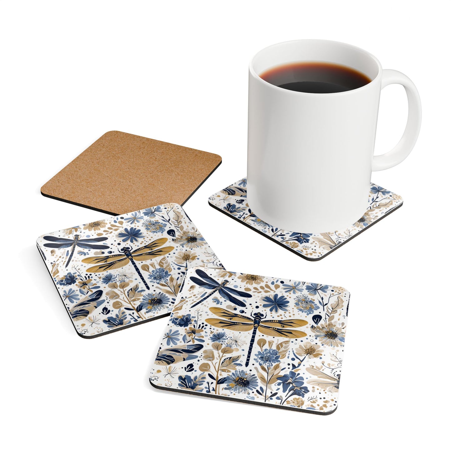 Floral Dragonfly Cork Coaster Set - Eco-Friendly Drink Coasters for Home Decor