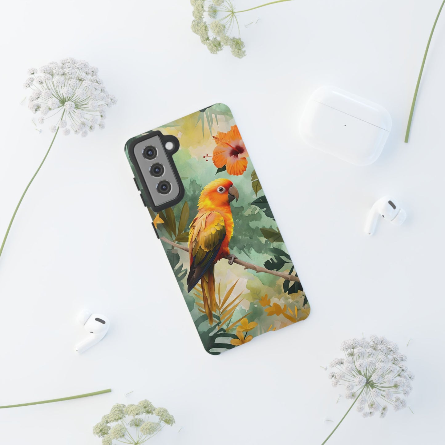 Tough Cases - Sun Conure Tropical Parrot Phone Case, Vibrant Floral Design, Durable Protection for Nature Lovers