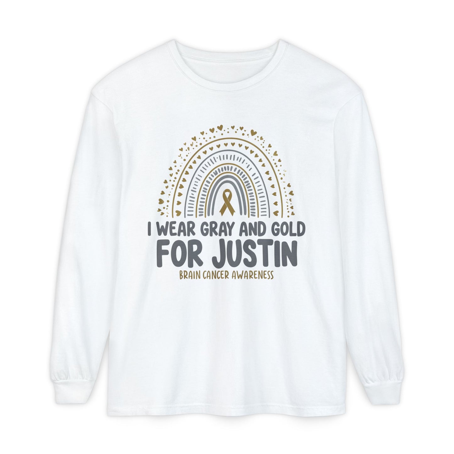 JUSTIN ADULT LONG SLEEVE- Brain Cancer Awareness Long Sleeve T-Shirt - I Wear Gray and Gold for Justin
