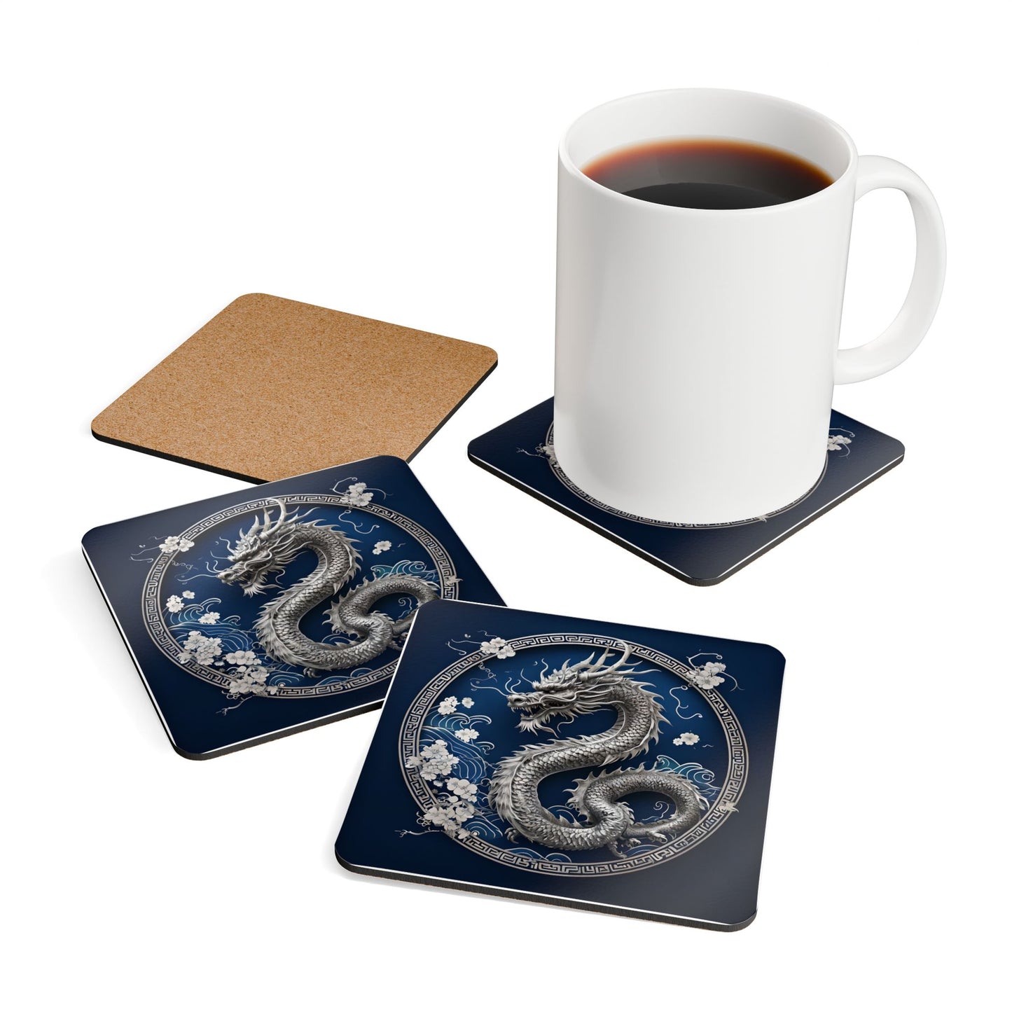 Navy Dragon Corkwood Coaster Set - Elegant Home Décor for Asian-Themed Parties