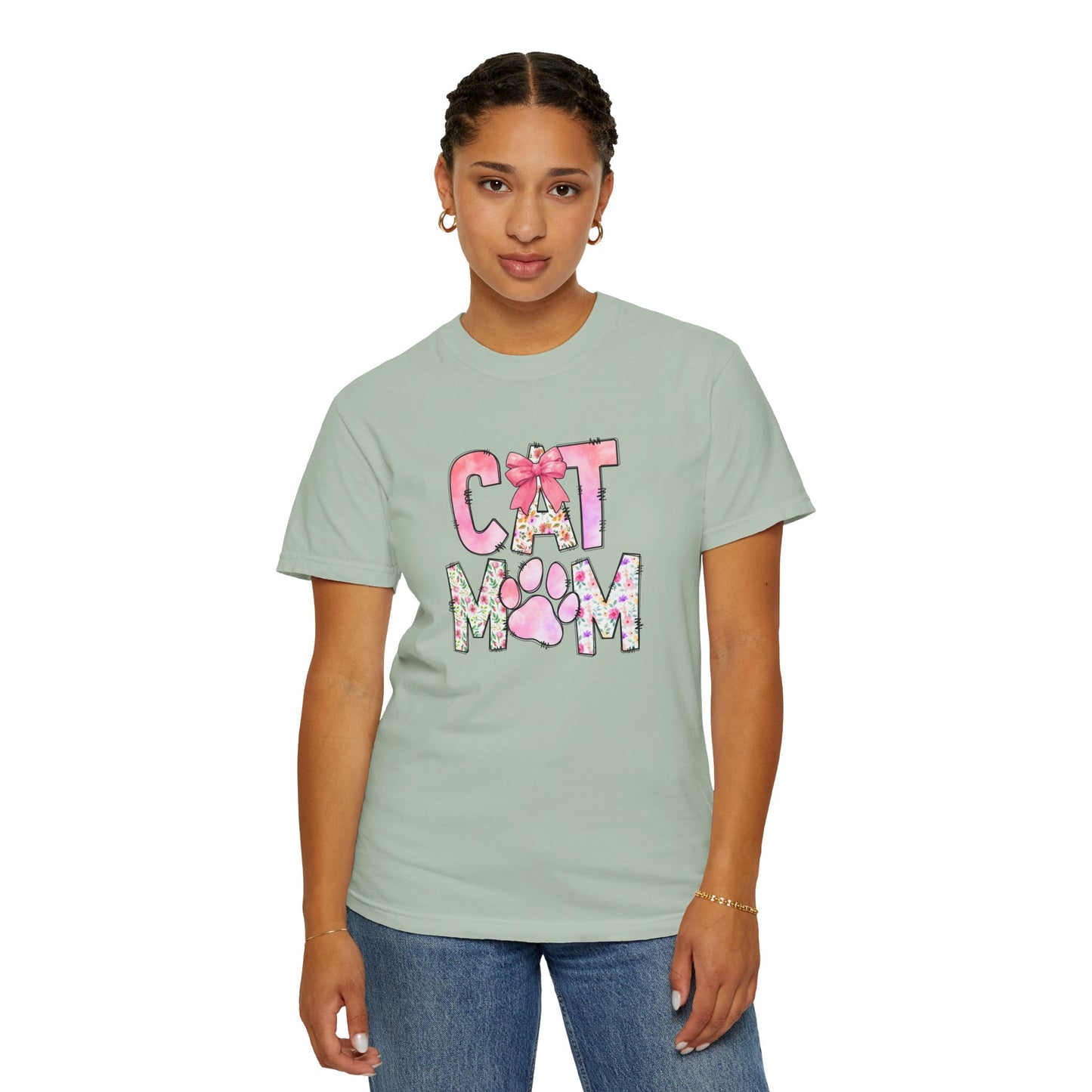Cat Mom Garment-Dyed T-Shirt | Cute Floral Design for Cat Lovers