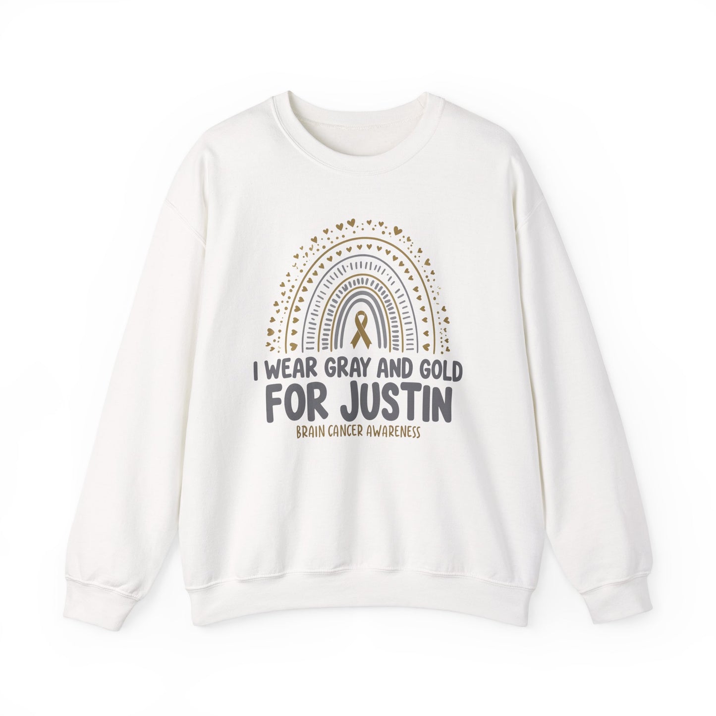 ADULT SWEATSHIRT JUSTIN Brain Cancer Awareness Crewneck Sweatshirt - I Wear Gray and Gold for Justin