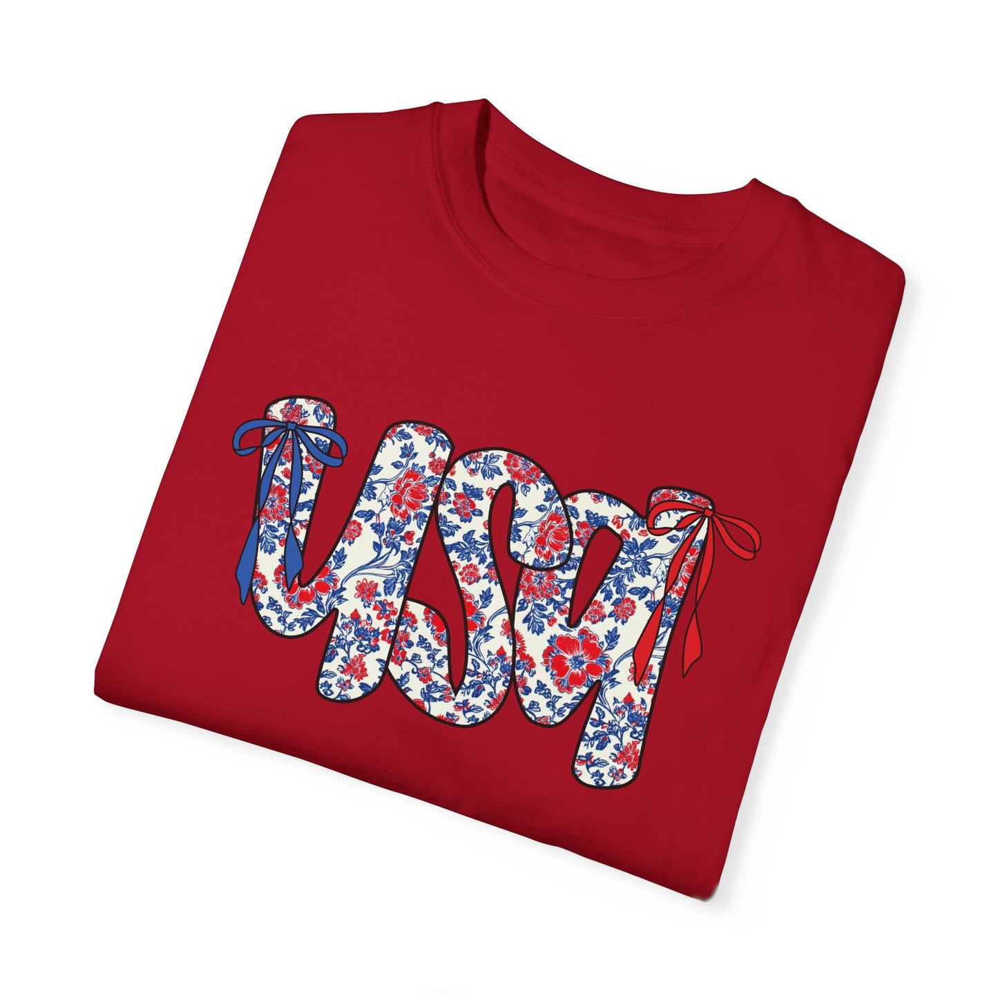 USA Coquette Retro Floral Script Unisex T-Shirt - Perfect for Patriotic Celebrations