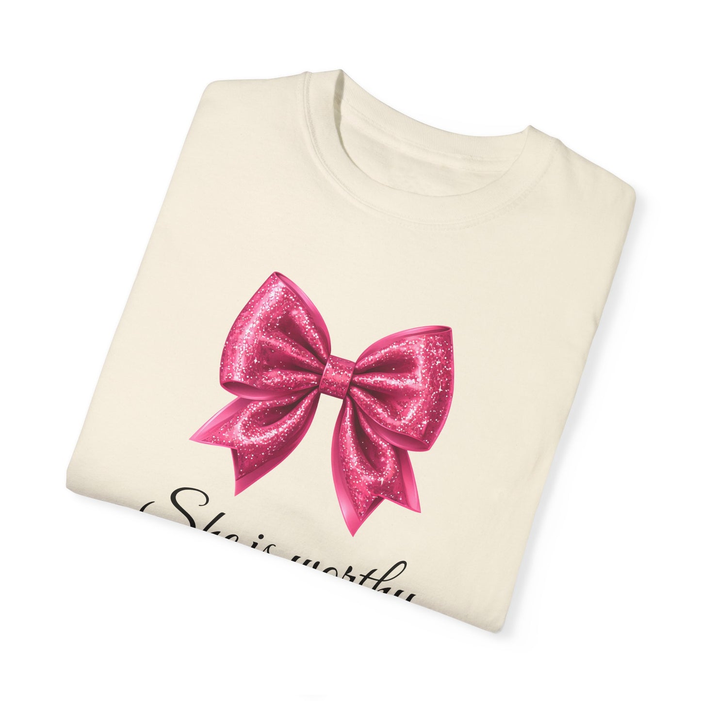 She Is Worthy Coquette Glitter Pink Bow Unisex T-Shirt - Glitter Bow Design
