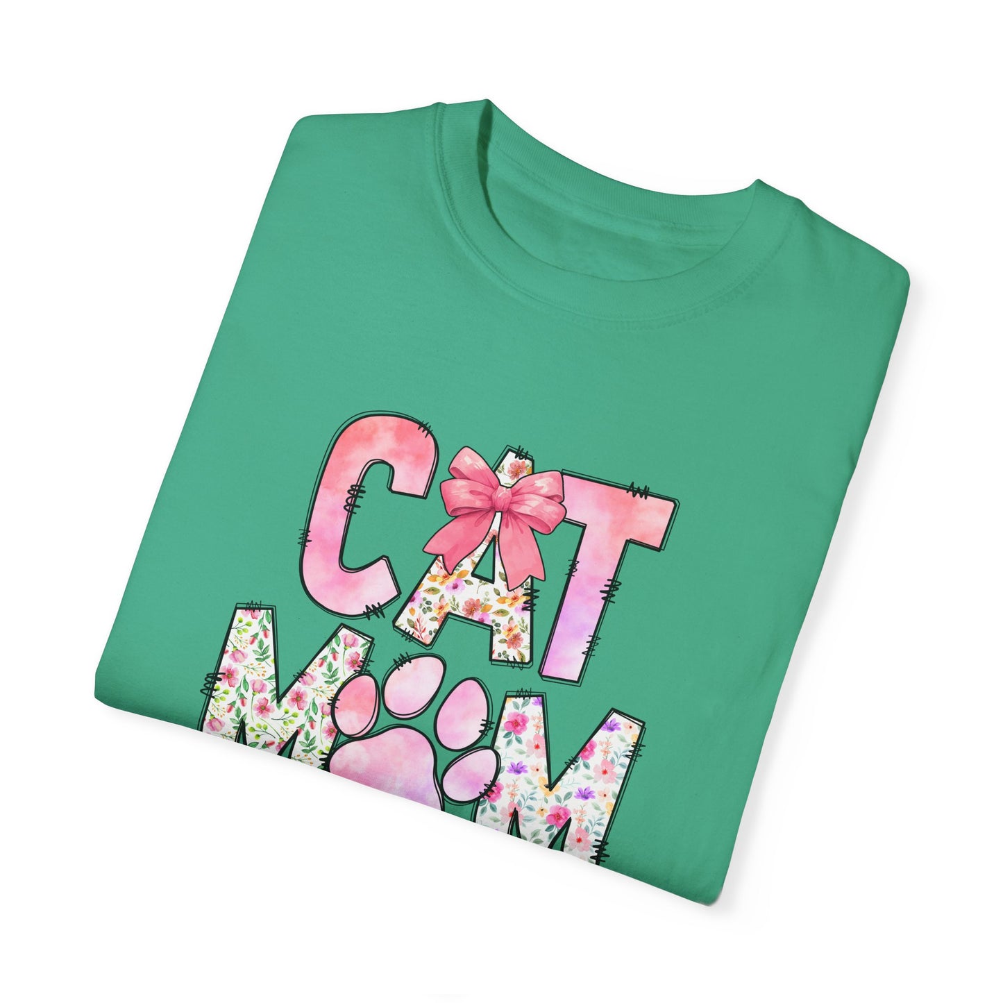 Cat Mom Garment-Dyed T-Shirt | Cute Floral Design for Cat Lovers