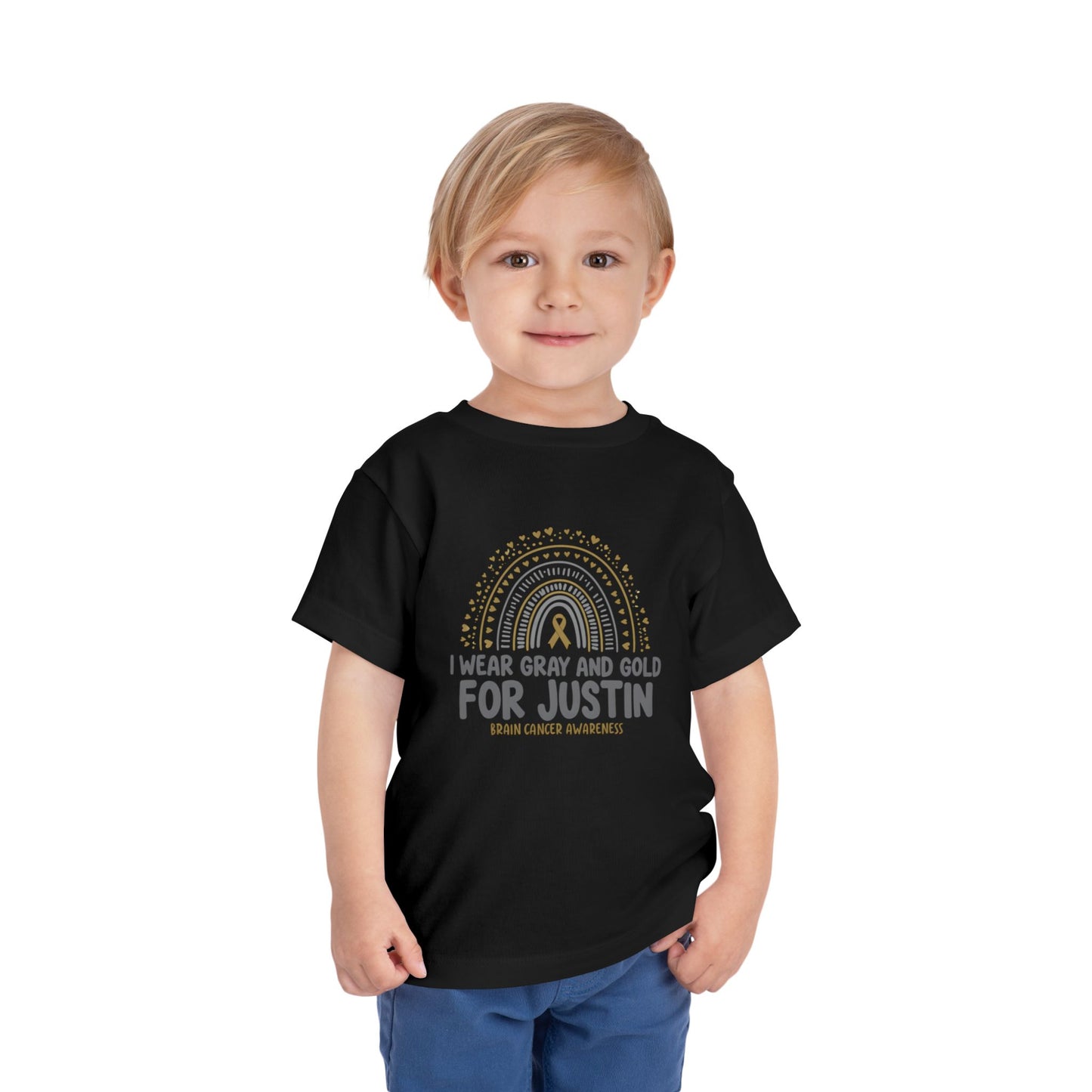TODDLER JUSTIN Short Sleeve Tee - I Wear Gray and Gold for Justin - Brain Cancer Awareness