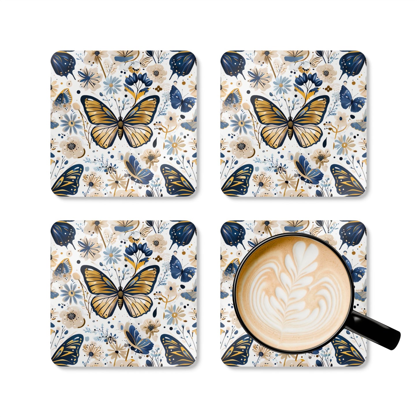 Butterfly Floral Cork Coaster Set - 4 Piece Drink Coasters for Home Decor
